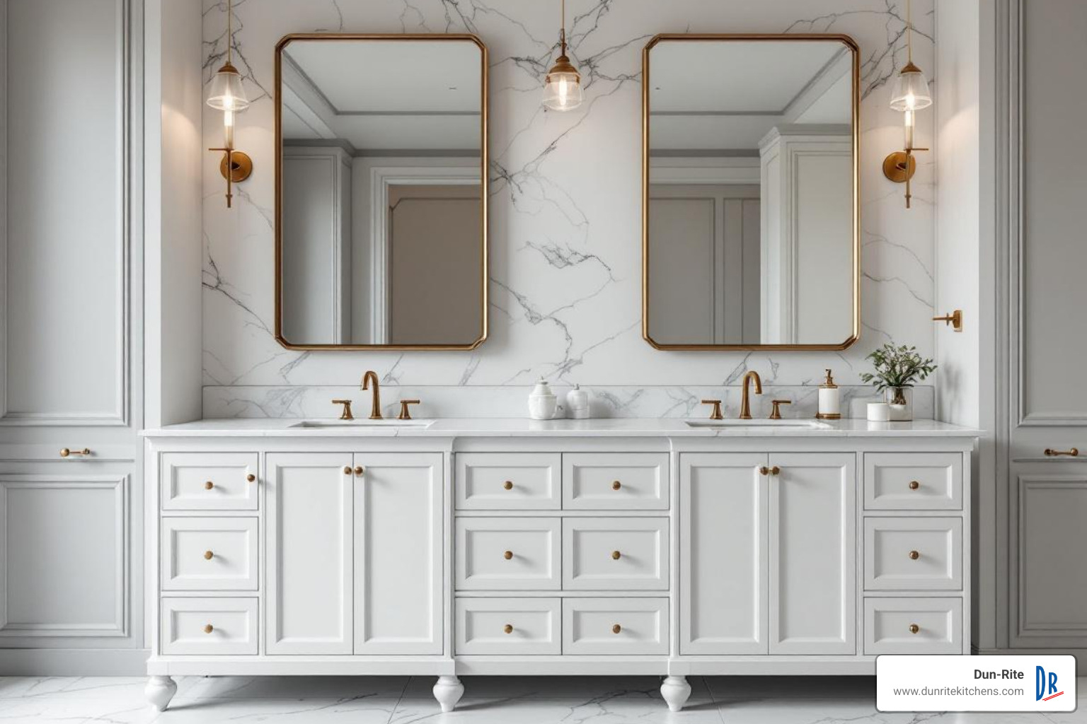 A high-end double vanity with marble countertop and neat brass fixtures - luxury bathroom remodel