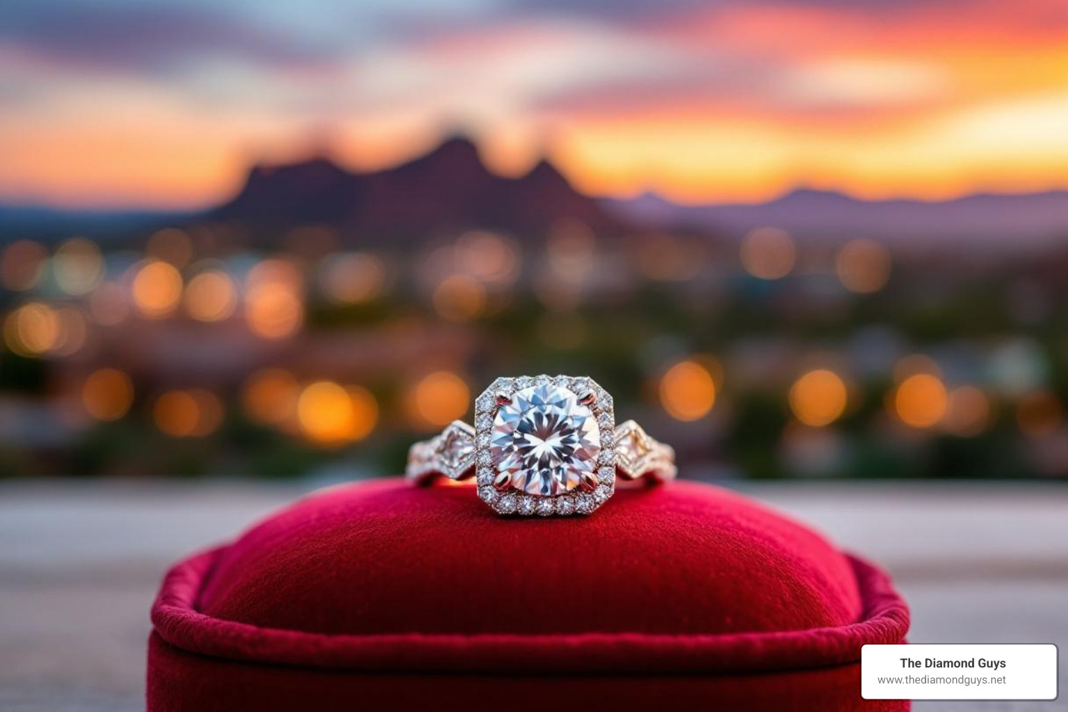 sparkling diamond ring on a velvet cushion, Mesa, AZ cityscape - jewelry stores in mesa az