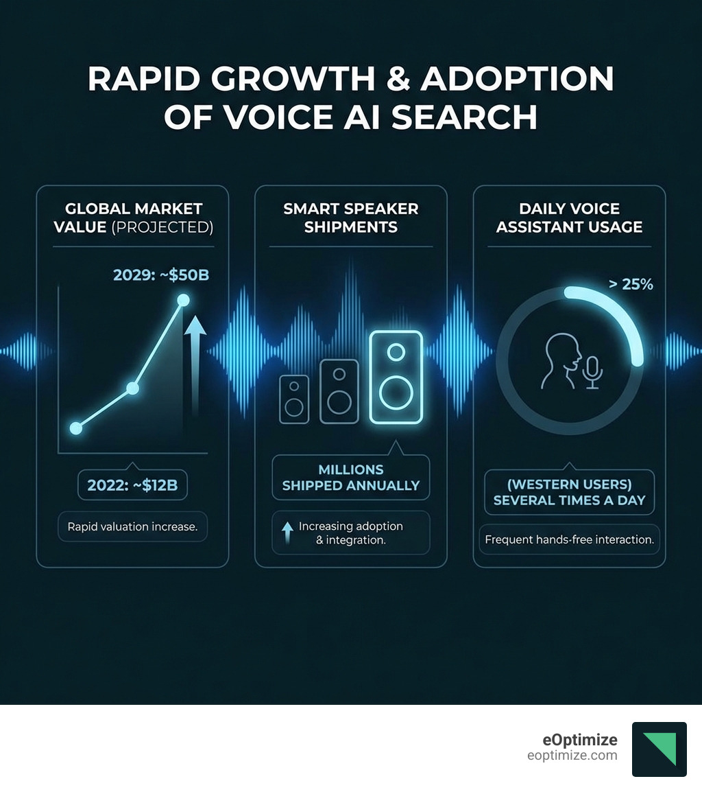 Infographic showing the rapid growth of the global voice recognition technology market, smart speaker shipments, and daily voice assistant usage, illustrating the increasing adoption of voice AI search. - Voice AI search infographic Infographic showing the rapid growth of the global voice recognition technology market, smart speaker shipments, and daily voice assistant usage, illustrating the increasing adoption of voice AI search. - Voice AI search infographic
