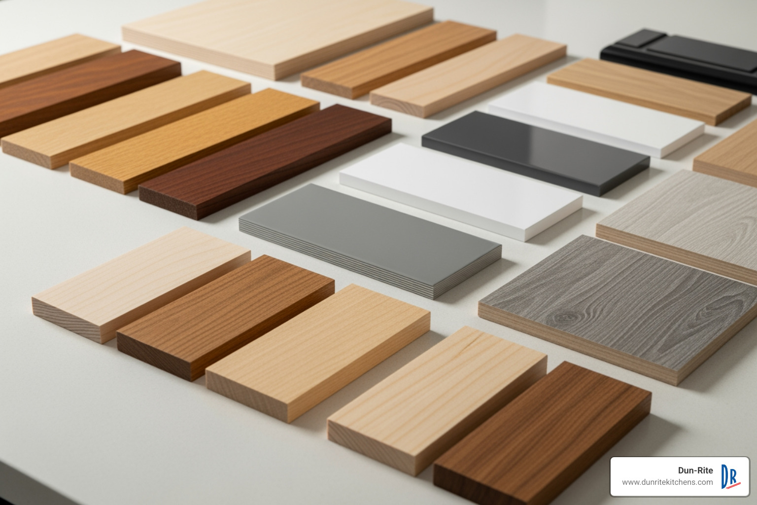 Different material samples like wood veneer and laminate - price for cabinet refacing