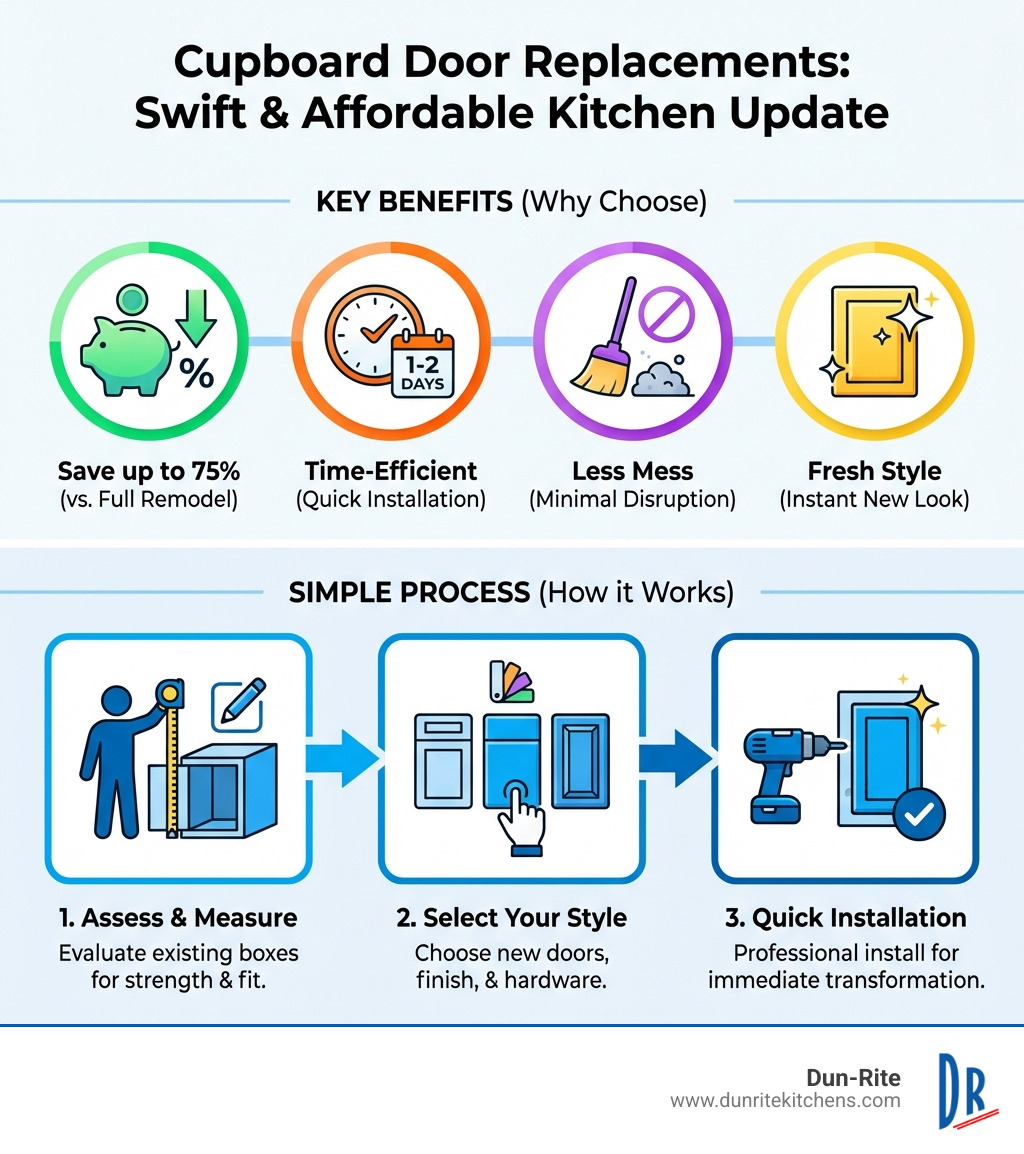 Infographic outlining the key benefits and process of choosing cupboard door replacements for a swift and affordable kitchen update - cupboard door replacements infographic 