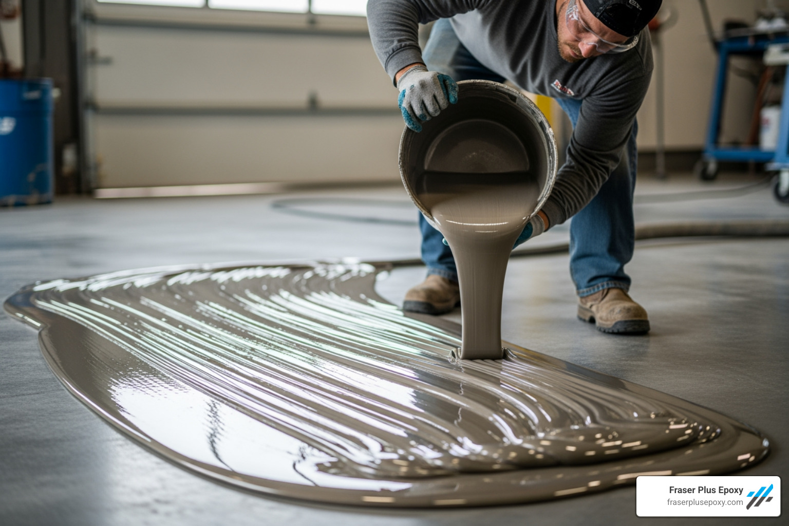 professional pouring ribbons of epoxy onto the floor - garage floor epoxy self leveling
