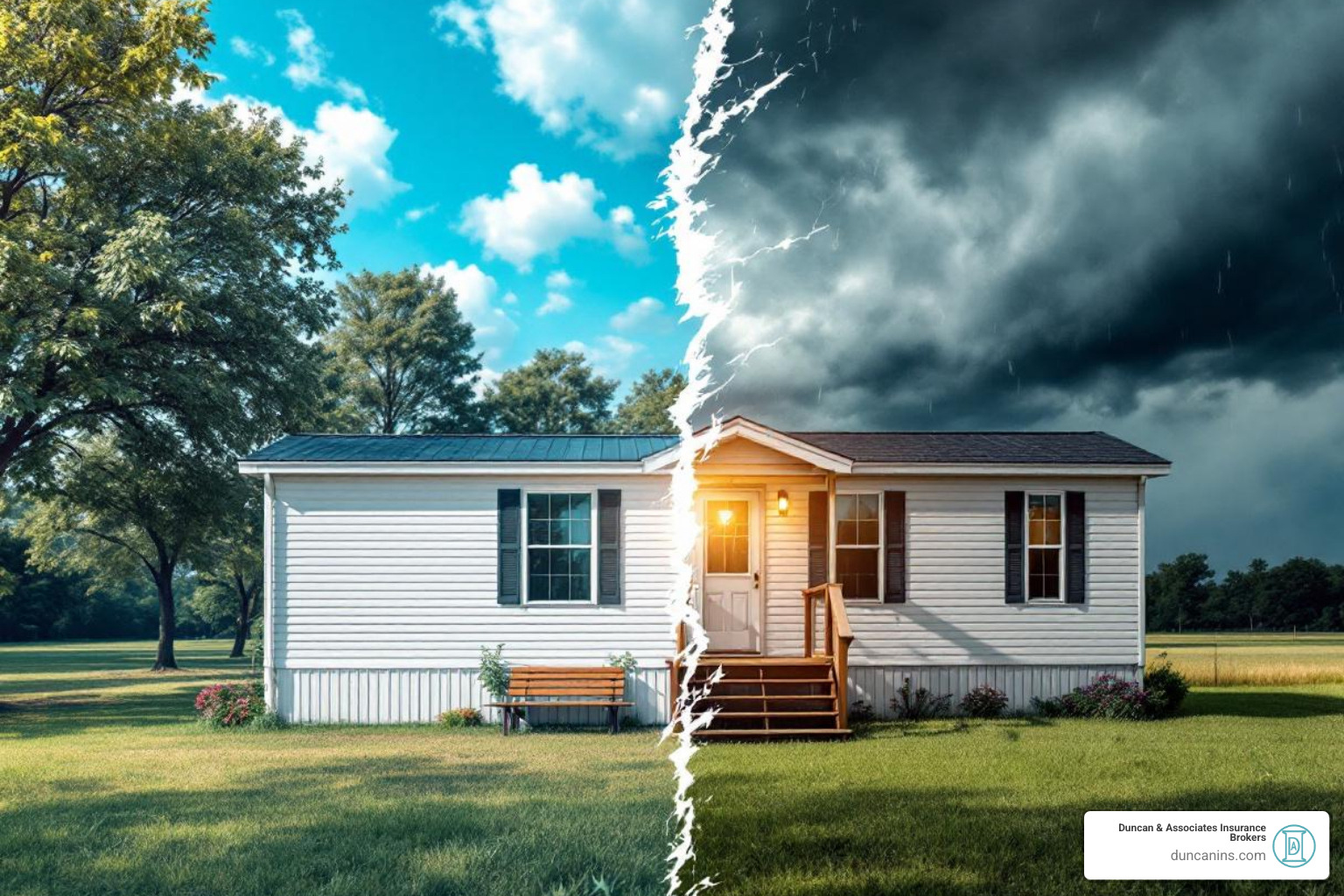 Split view of a mobile home in a sunny, low-risk area vs. one in a stormy, high-risk area - how much to insure a mobile home Split view of a mobile home in a sunny, low-risk area vs. one in a stormy, high-risk area - how much to insure a mobile home