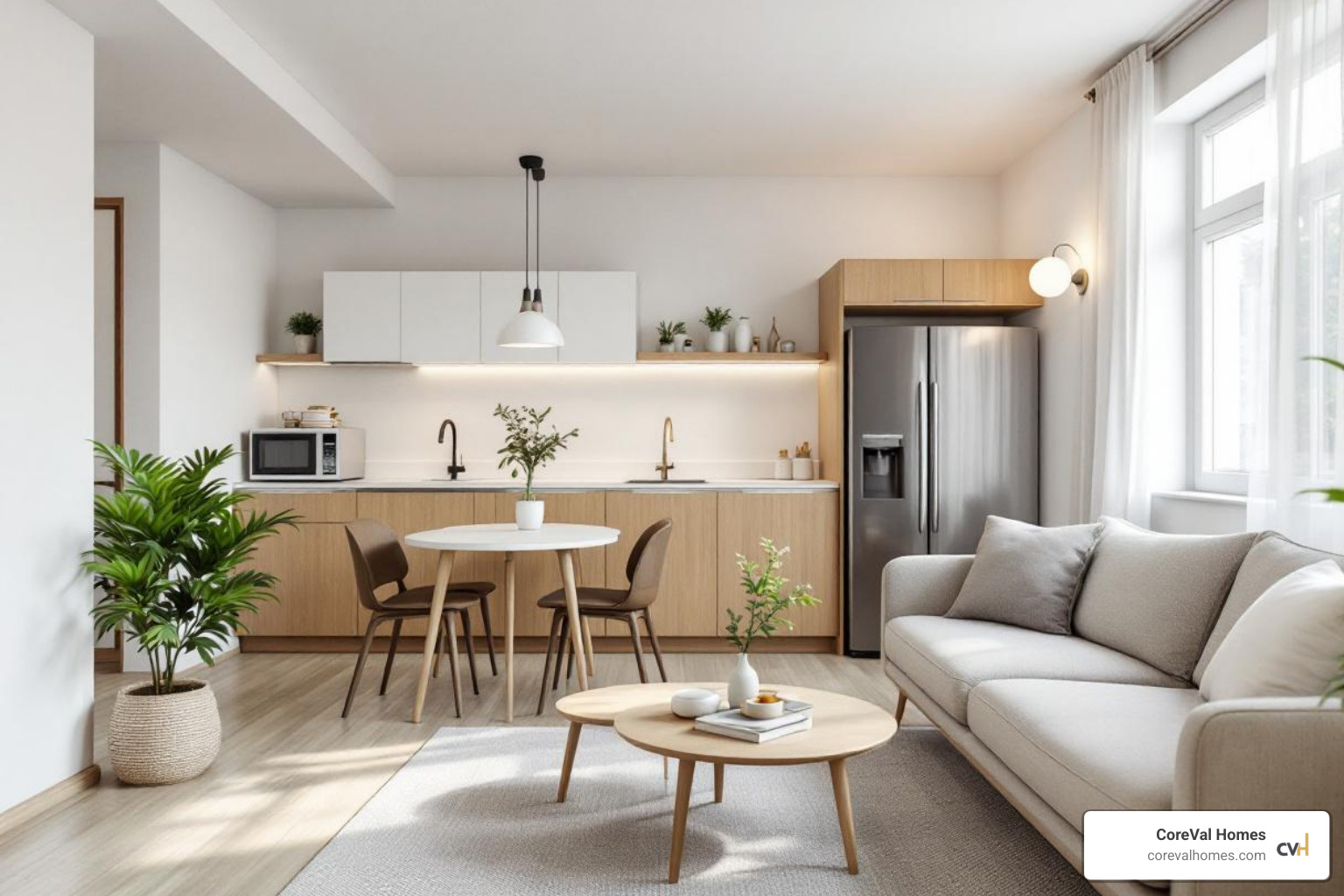 Image of an open-concept shared living space connecting to a private kitchenette area. - multi-generational house plans