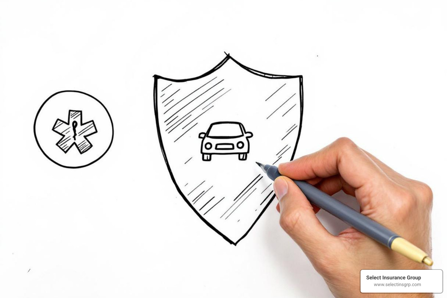 Shield icon surrounded by smaller icons representing different coverage types (car crash, theft, medical cross) - moped insurance