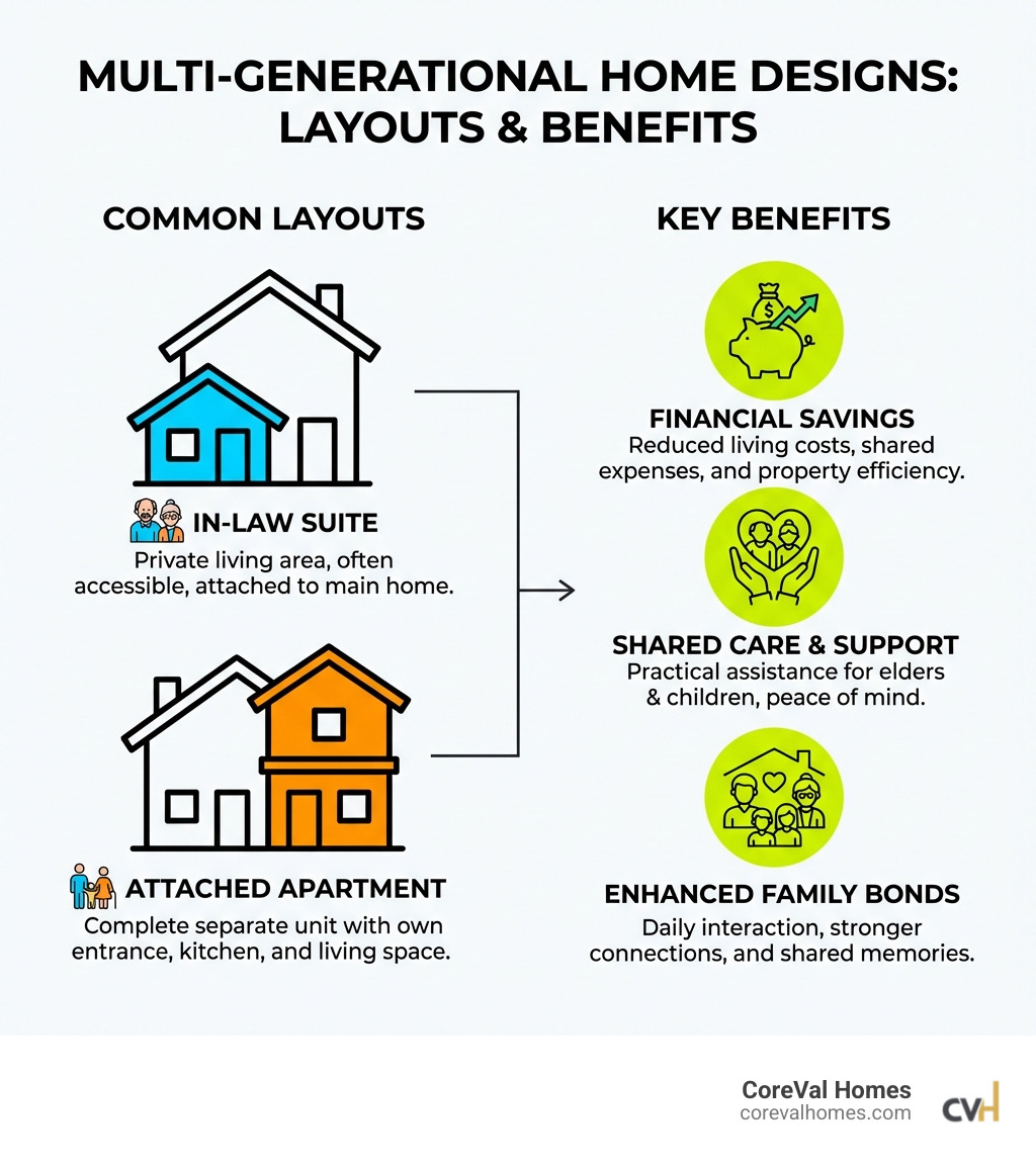 Infographic showing common multi-generational layouts like in-law suites and attached apartments, alongside benefits such as financial savings, shared care, and enhanced family bonds. - multi-generational house plans infographic 