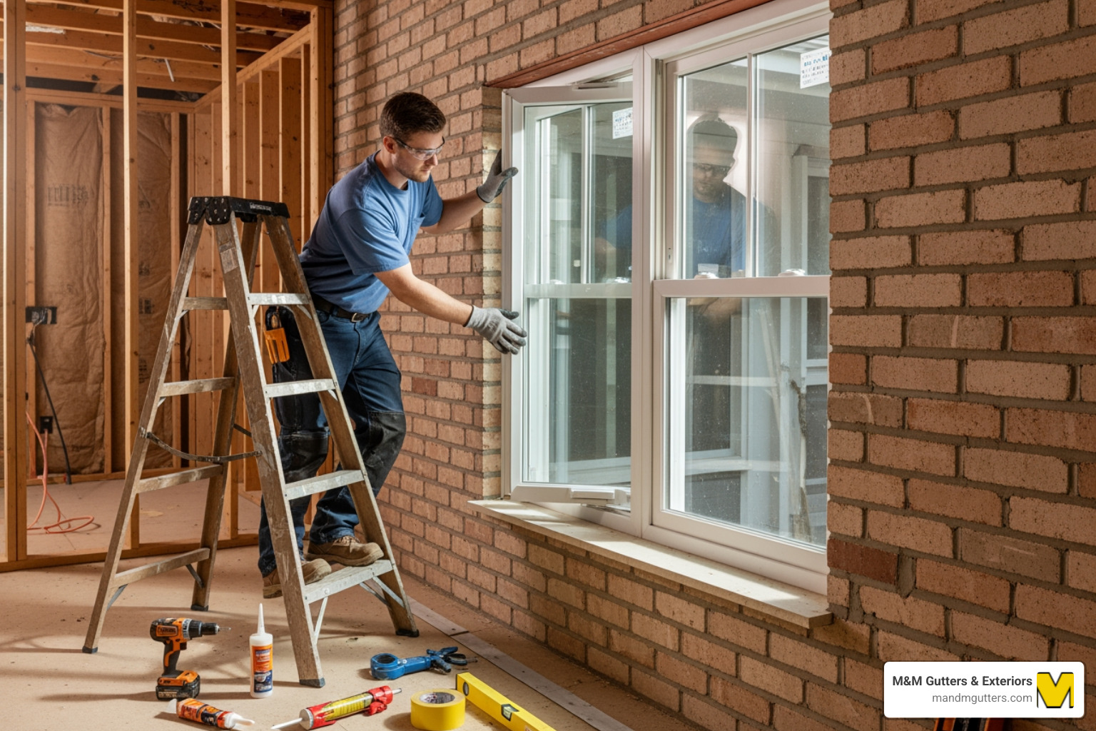 Window being placed into a prepared opening - Hopper window installation Window being placed into a prepared opening - Hopper window installation