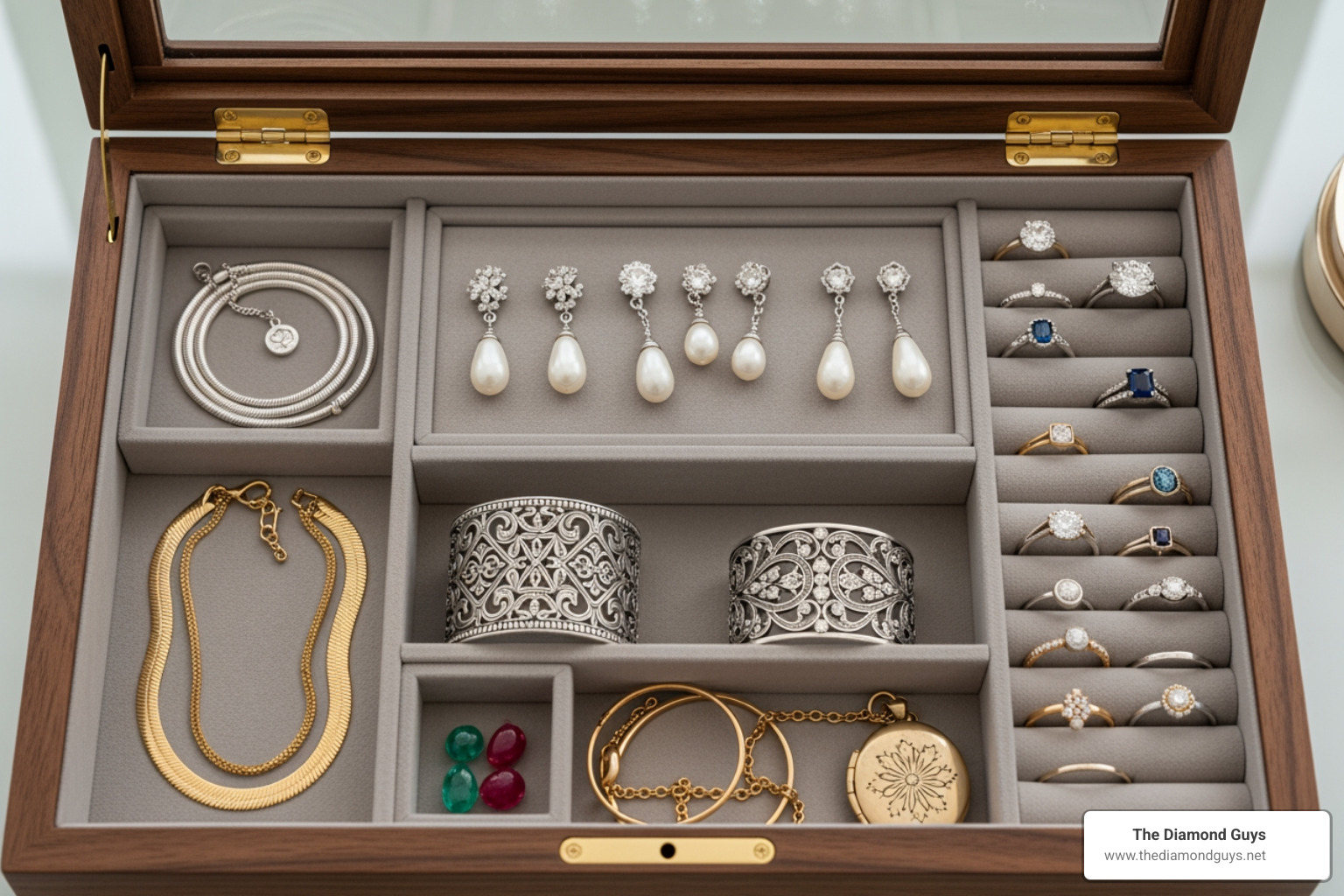 A compartmentalized jewelry box with various pieces neatly stored. - Jewelry Repair in Scottsdale, AZ A compartmentalized jewelry box with various pieces neatly stored. - Jewelry Repair in Scottsdale, AZ