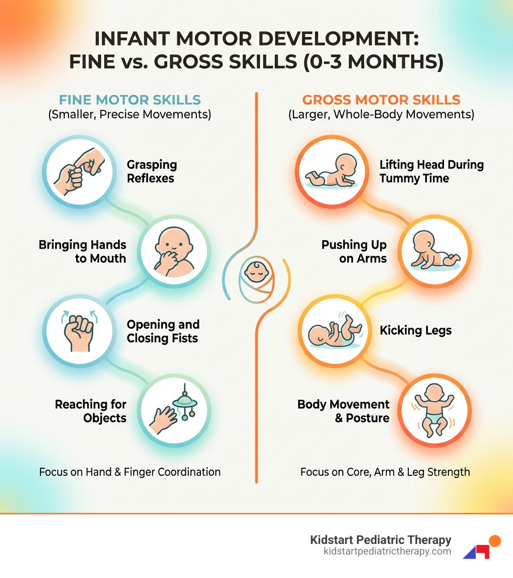 Infographic showing the difference between fine motor skills and gross motor skills in infants aged 0-3 months, with examples of fine motor skills including grasping reflexes, bringing hands to mouth, opening and closing fists, and reaching for objects, and examples of gross motor skills including lifting head during tummy time, pushing up on arms, and kicking legs - 0 3 months fine motor skills infographic 