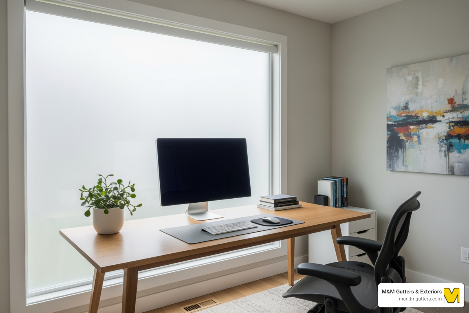 Home office with a frosted glass window reducing glare on a computer screen - Frosted glass windows Home office with a frosted glass window reducing glare on a computer screen - Frosted glass windows