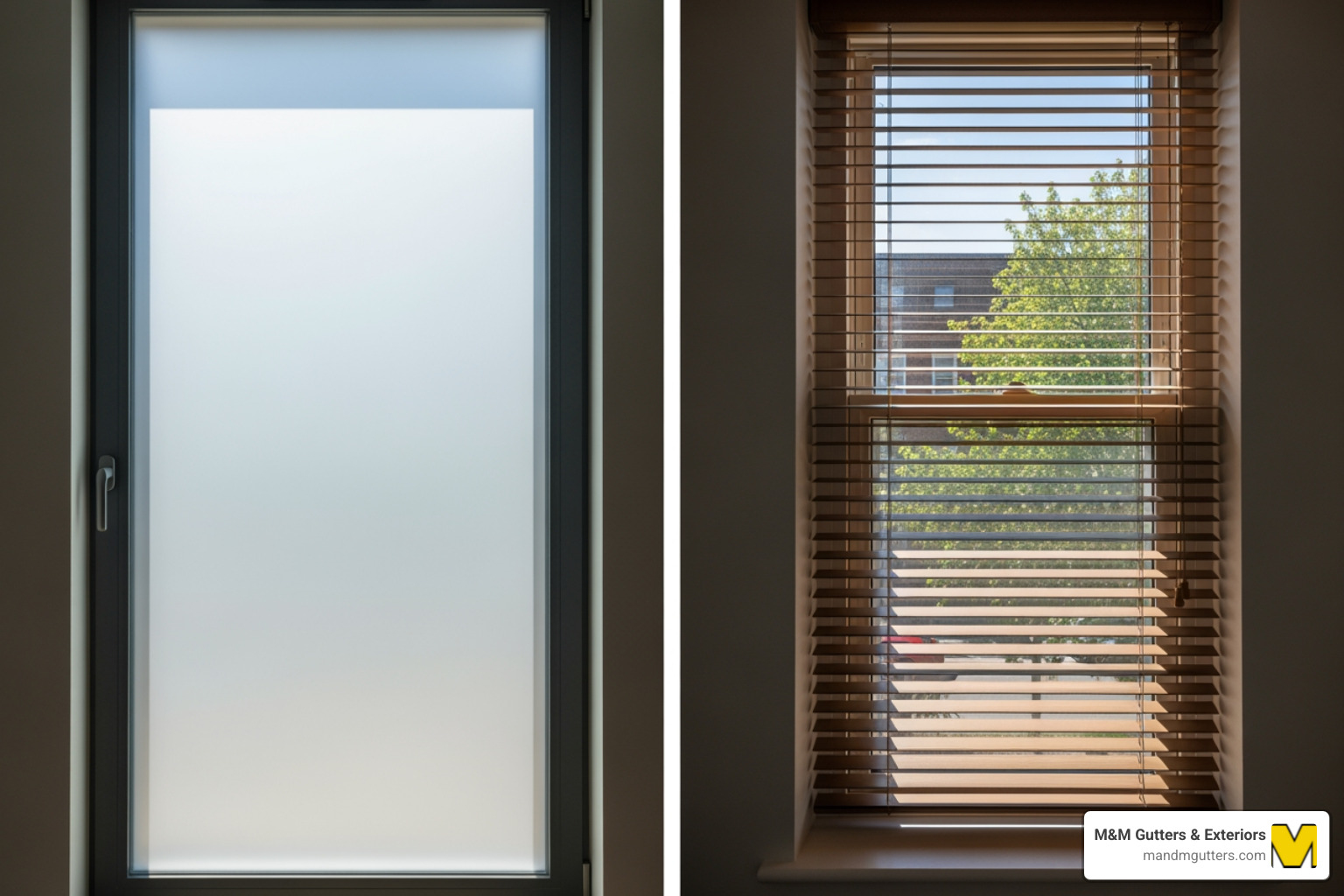 Side-by-side comparison of a window with frosted glass and a window with traditional window coverings - Frosted glass windows Side-by-side comparison of a window with frosted glass and a window with traditional window coverings - Frosted glass windows