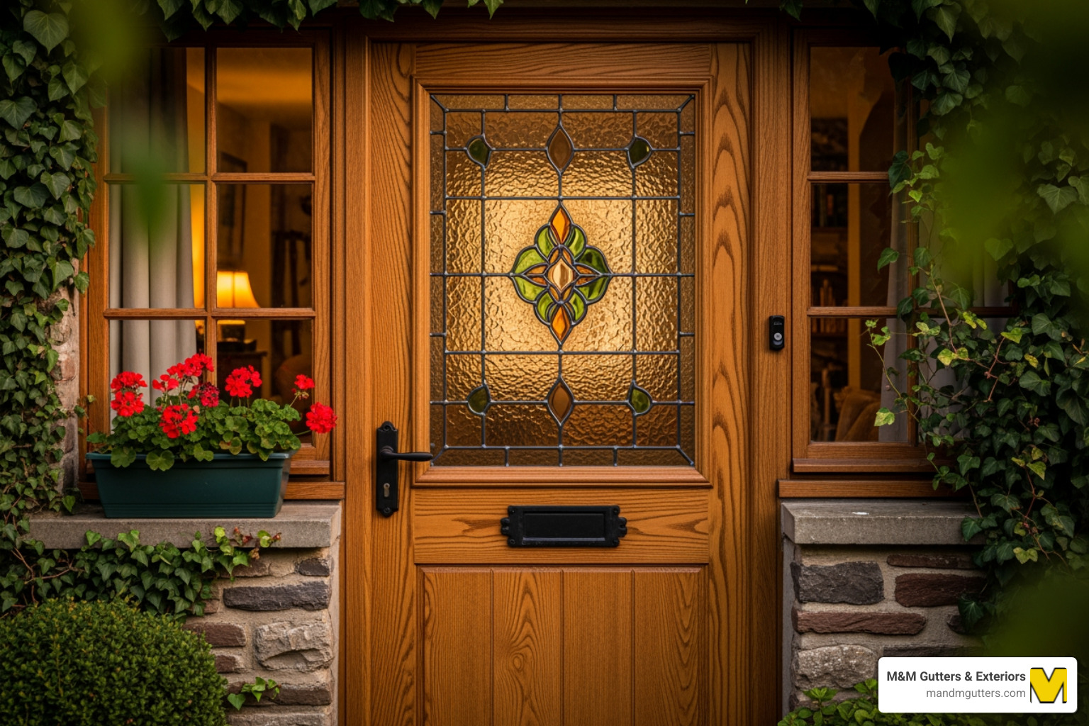 wooden cottage door with wood grain and decorative glass insert - cottage style door with glass