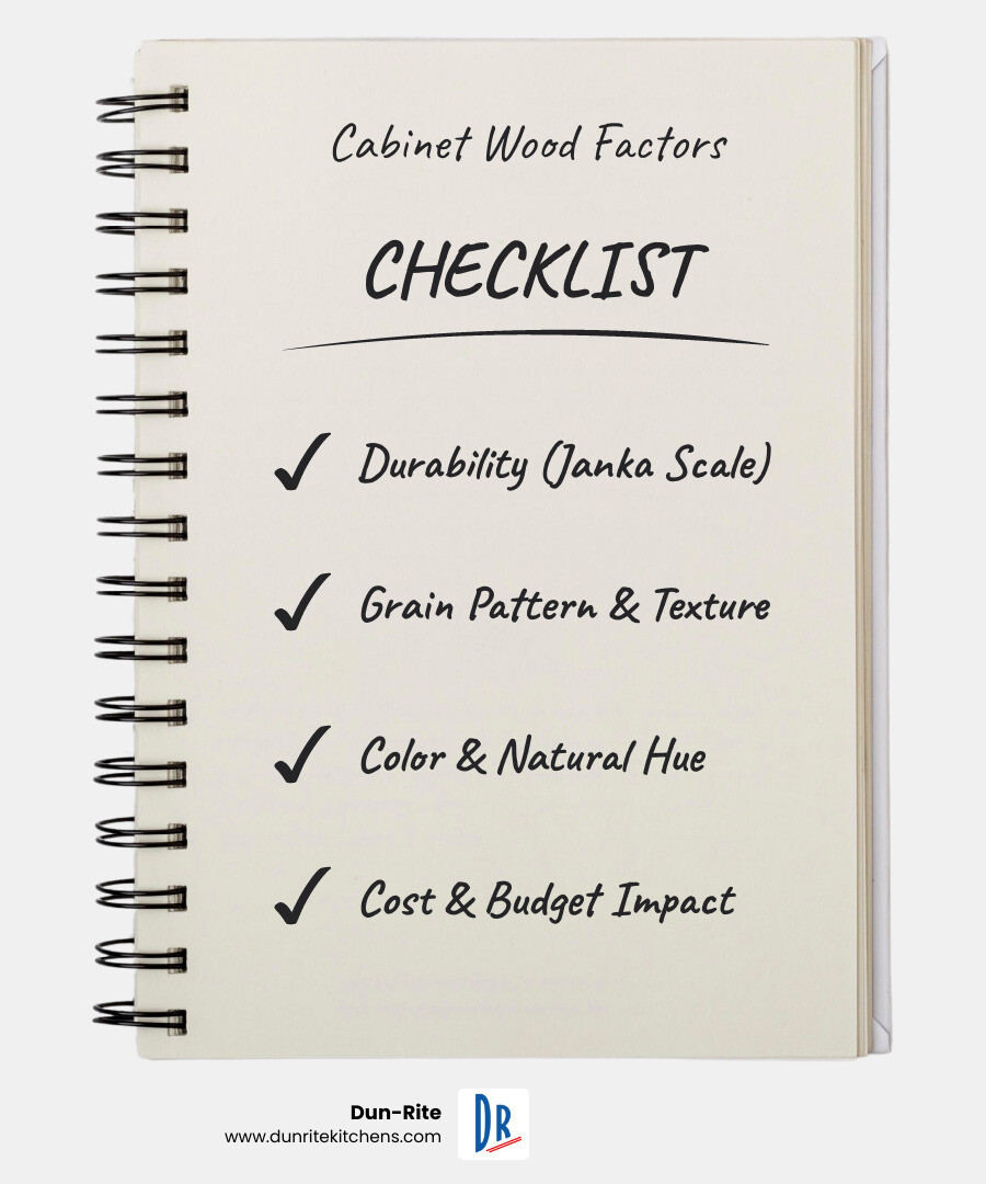 Infographic summarizing best wood for custom cabinets by durability, aesthetics, and cost - best wood for custom cabinets infographic checklist-notebook