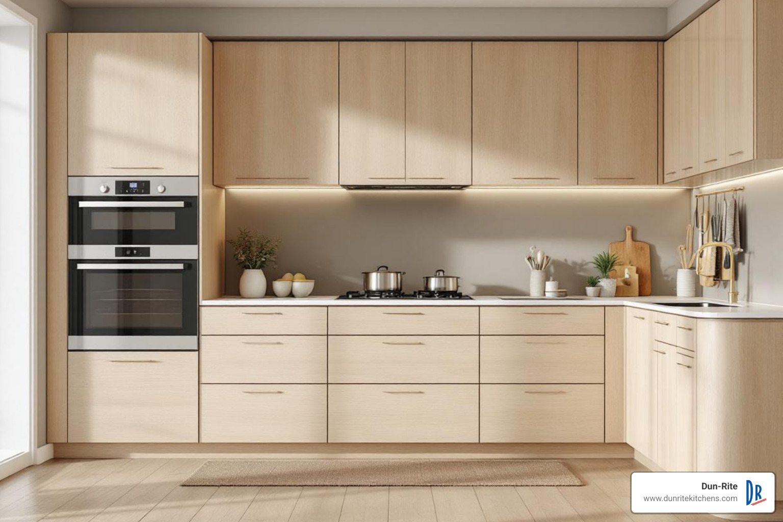 of modern, sleek maple cabinets, possibly painted a light color - best wood for custom cabinets