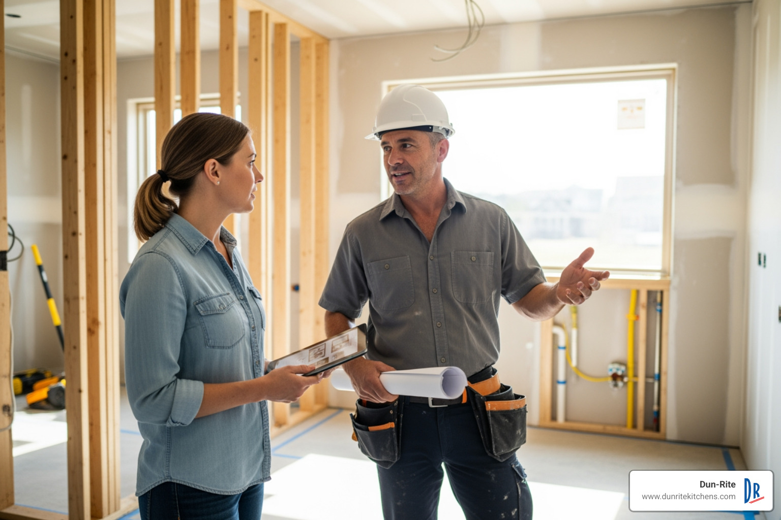 a contractor discussing plans with a homeowner in a bathroom under construction - average bathroom remodel cost denver