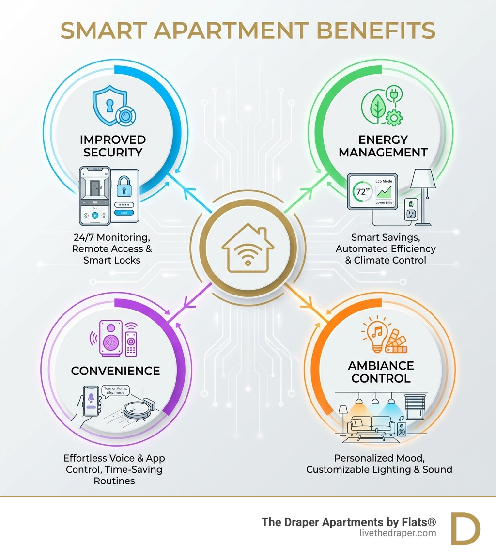 Infographic explaining the main benefits of a smart apartment: improved security, energy management, convenience, and ambiance control. - smart home apartment ideas infographic 