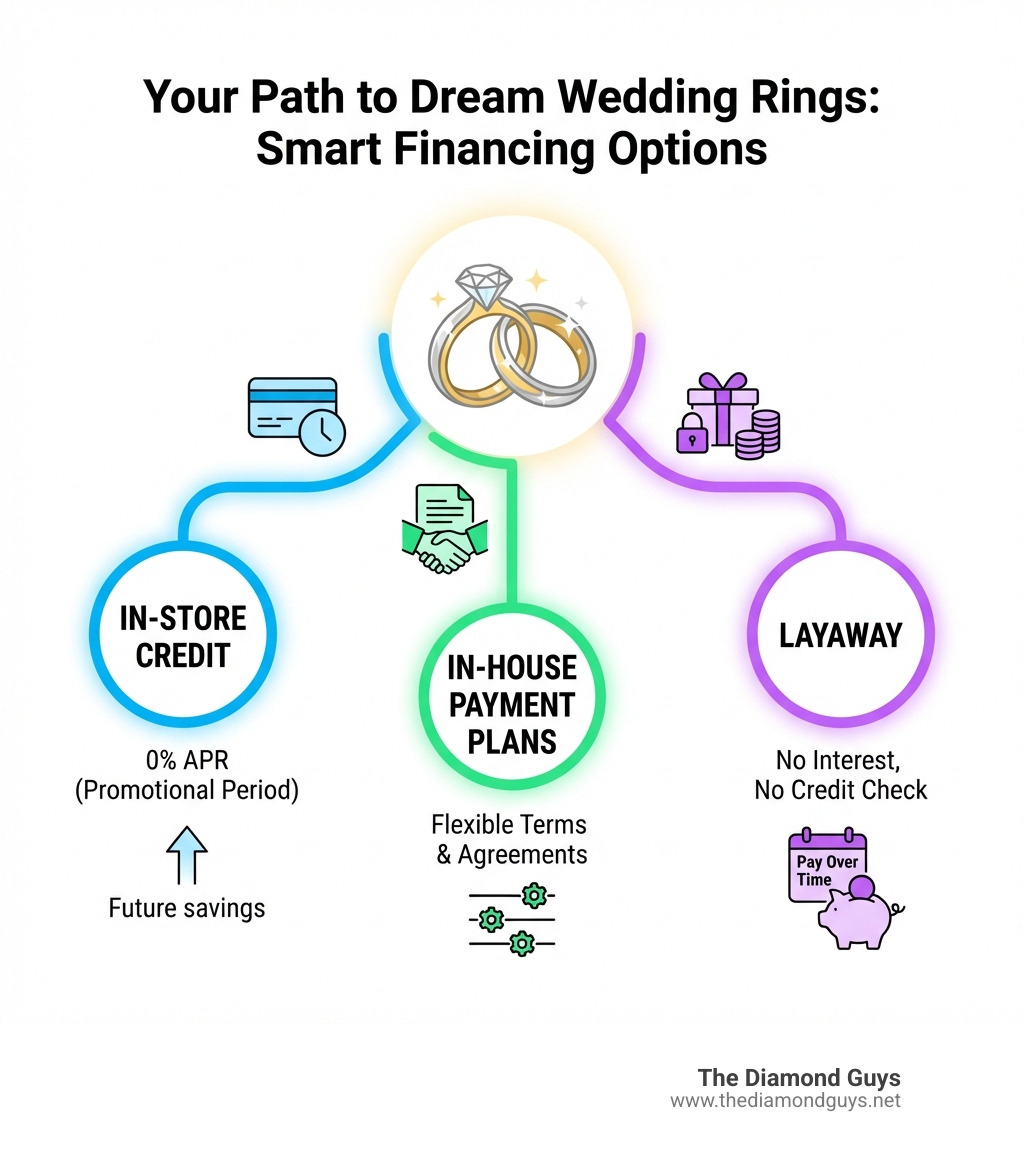 Infographic showing main paths to financing: In-Store Credit with 0% APR, In-House Payment Plans with flexible terms, and Layaway with no interest or credit check - wedding ring sets financing infographic 