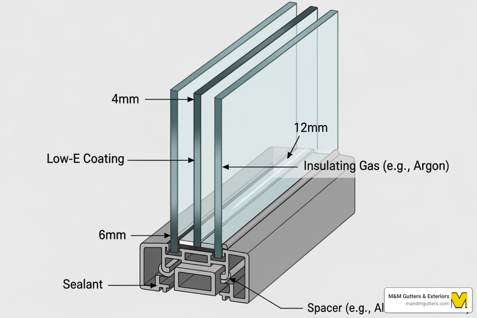 A cross-section of a double-pane window, highlighting the Low-E coating and gas-filled space - Window glass types A cross-section of a double-pane window, highlighting the Low-E coating and gas-filled space - Window glass types