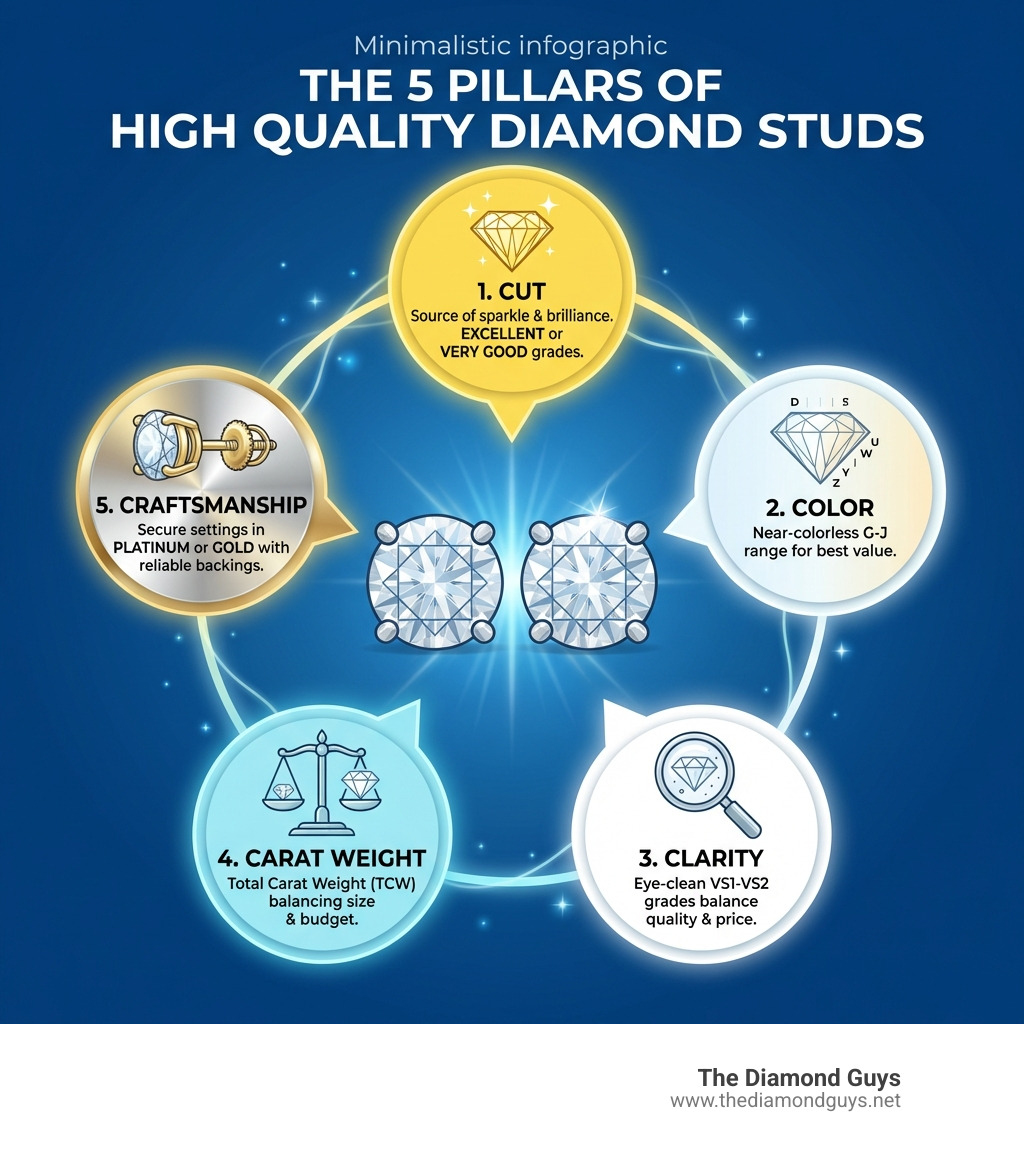 Infographic showing the 5 pillars of high quality diamond studs: Cut (the source of sparkle with excellent or very good grades), Color (near-colorless G-J range for best value), Clarity (eye-clean VS1-VS2 grades), Carat Weight (total carat weight balancing size and budget), and Craftsmanship (secure settings in platinum or gold with reliable backings) - high quality diamond studs infographic Infographic showing the 5 pillars of high quality diamond studs: Cut (the source of sparkle with excellent or very good grades), Color (near-colorless G-J range for best value), Clarity (eye-clean VS1-VS2 grades), Carat Weight (total carat weight balancing size and budget), and Craftsmanship (secure settings in platinum or gold with reliable backings) - high quality diamond studs infographic