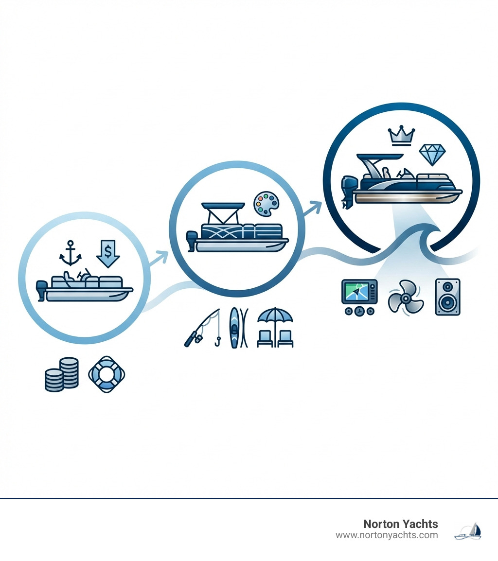 Infographic explaining the three tiers of the Bennington S Series: SV (Value), S (Style & Variety),…