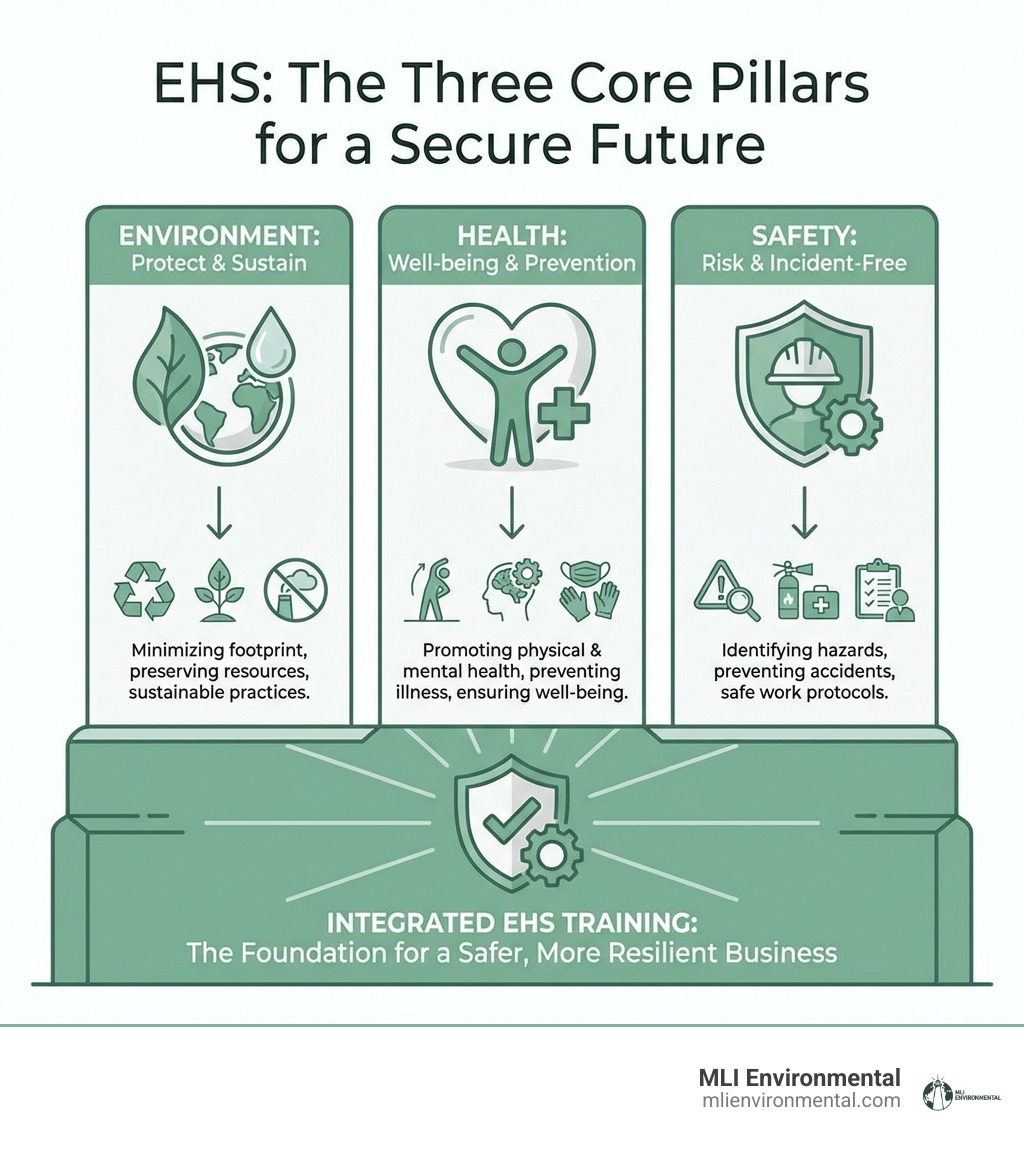 Infographic explaining the three pillars of EHS: Environment, Health, and Safety - ehs training courses infographic Infographic explaining the three pillars of EHS: Environment, Health, and Safety - ehs training courses infographic