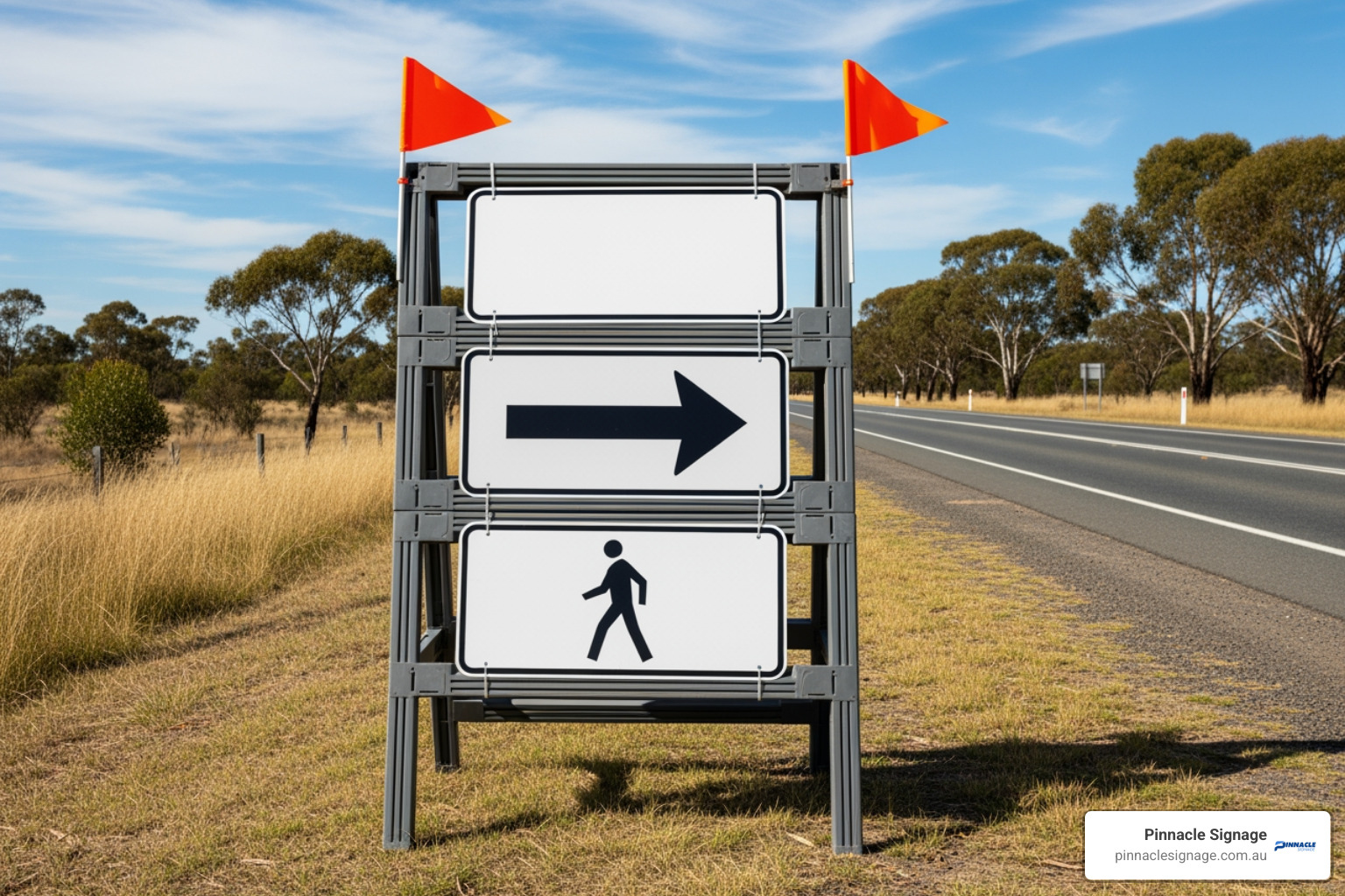 Temporary multi-message sign frame on an Australian roadside, with orange flags - high visibility signage