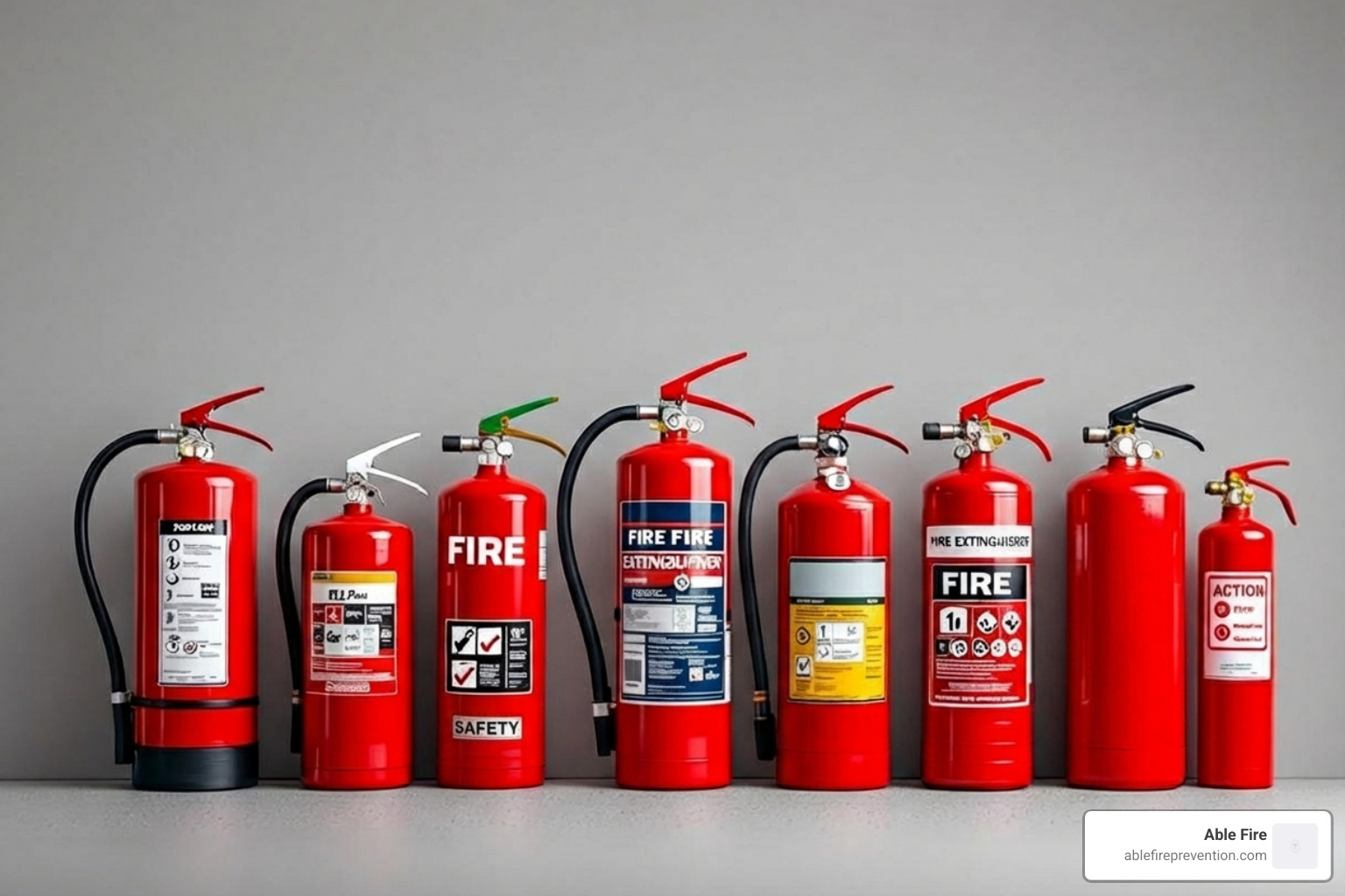 a lineup of different types of fire extinguishers, each clearly labeled with its class (A, B, C, D, K) and agent type - fire extinguisher maintenance service