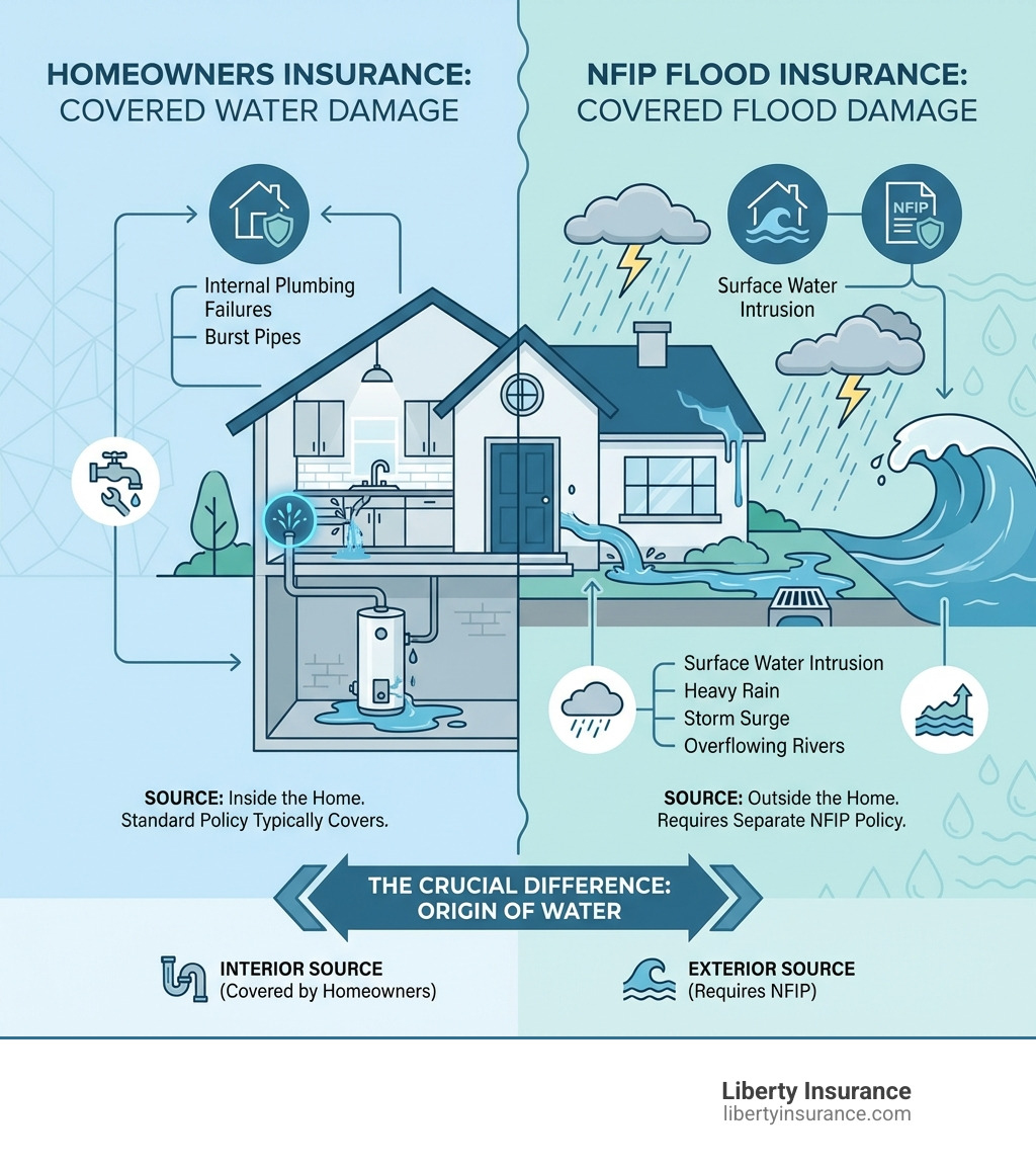 infographic showing the difference between water damage covered by homeowners insurance such as burst pipes and internal plumbing failures versus flood damage from surface water intrusion heavy rain storm surge and overflowing rivers which requires separate NFIP flood insurance coverage - fema flood insurance infographic infographic showing the difference between water damage covered by homeowners insurance such as burst pipes and internal plumbing failures versus flood damage from surface water intrusion heavy rain storm surge and overflowing rivers which requires separate NFIP flood insurance coverage - fema flood insurance infographic