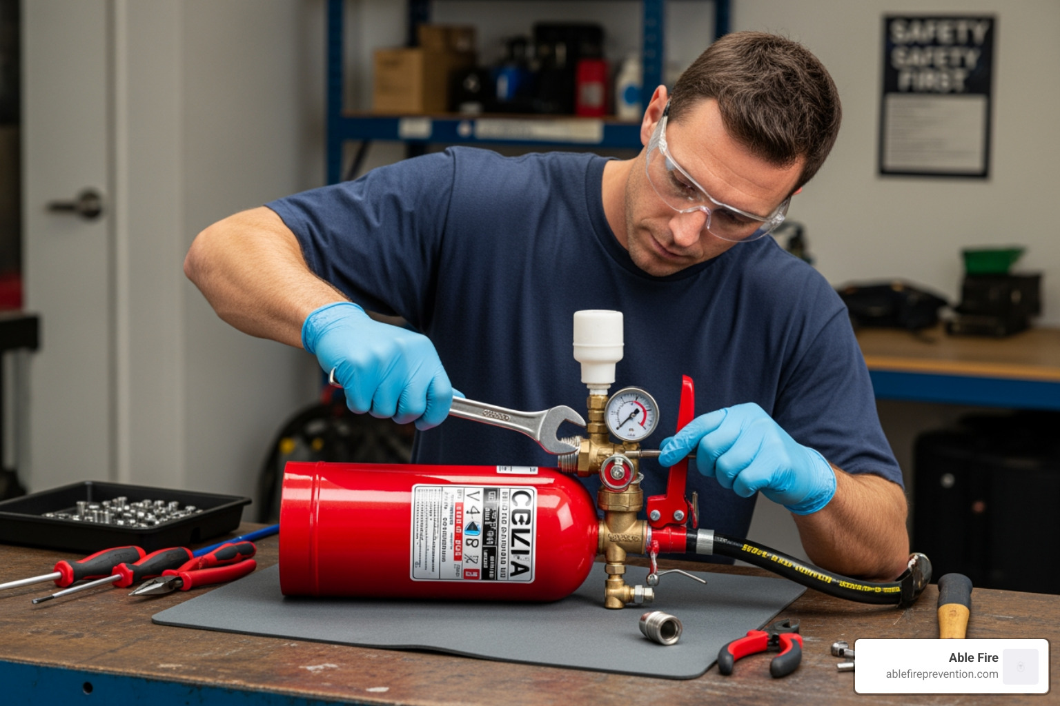 A certified technician performing an internal examination on a fire extinguisher, with tools laid out on a workbench - fire extinguisher recertification A certified technician performing an internal examination on a fire extinguisher, with tools laid out on a workbench - fire extinguisher recertification