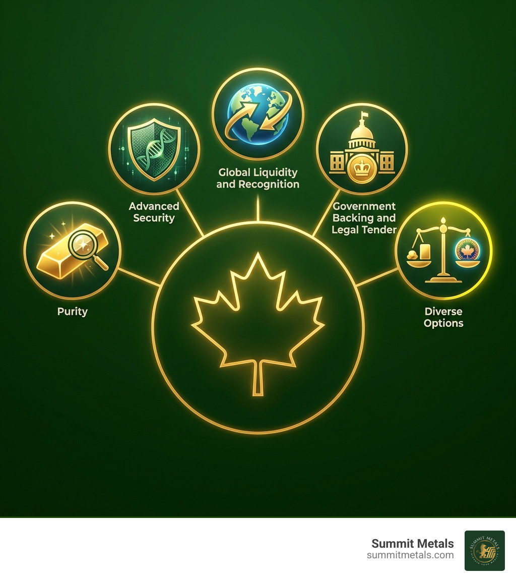 Infographic showing top 5 reasons to invest in Canadian gold: 1. Purity of .9999 or .99999 fine gold, 2. Advanced security features including Bullion DNA and micro-engraving, 3. Global liquidity and recognition, 4. Government backing and legal tender status, 5. Diverse options from 1 gram to 1 oz and special editions - buy canadian gold infographic 