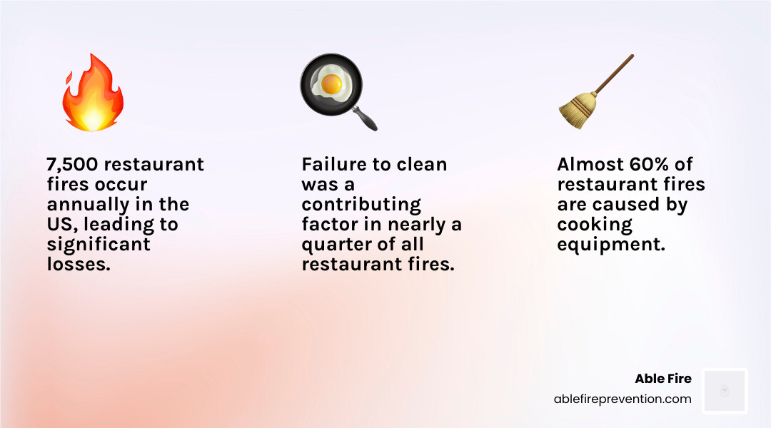 Infographic showing restaurant fire statistics: 7,500 annual fires, $165 million in losses, 60% caused by cooking equipment, 25% linked to cleaning failures, and the critical role of semi-annual inspections in prevention - Restaurant fire suppression inspection infographic 3_facts_emoji_light-gradient