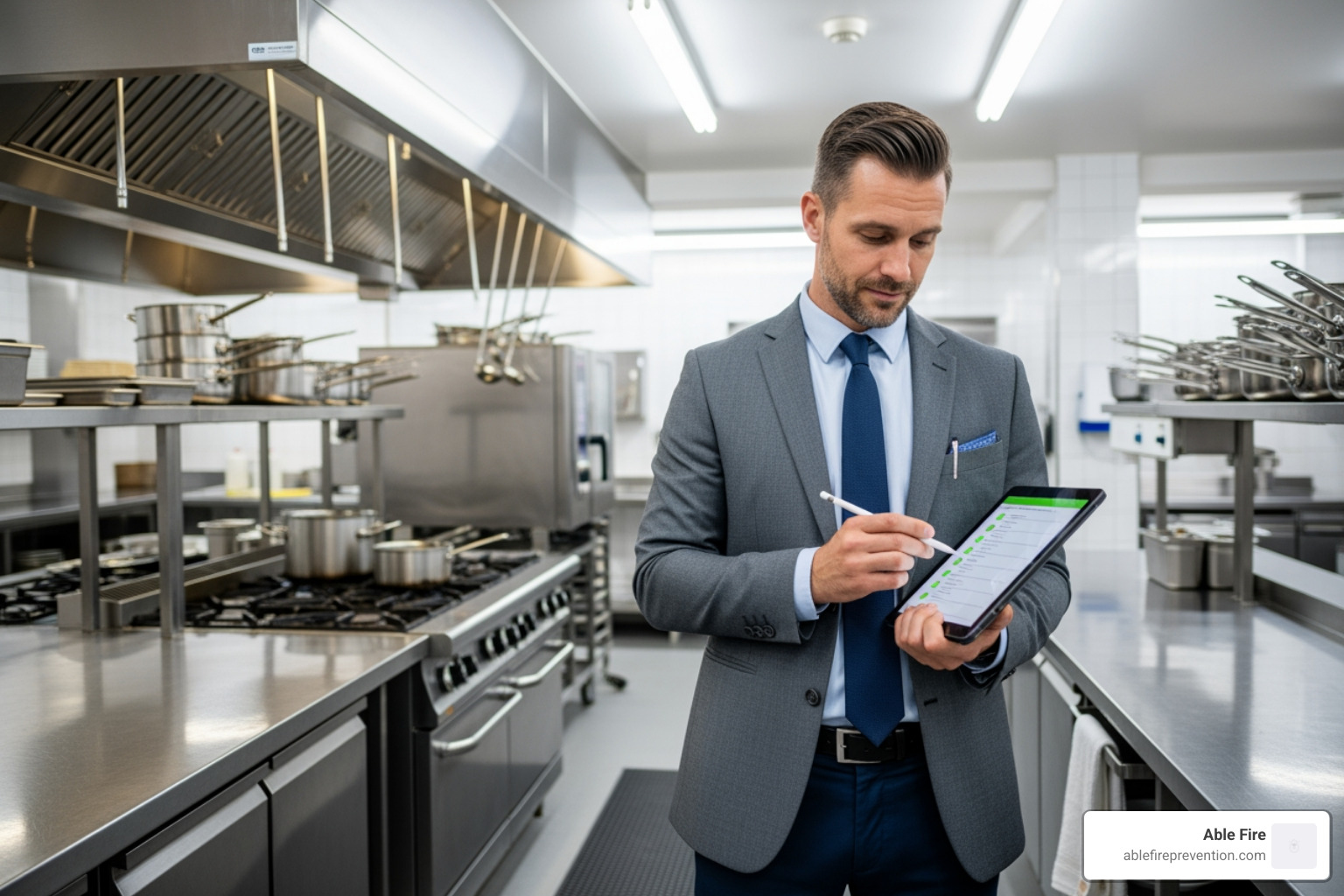 A restaurant manager reviewing a pre-inspection checklist in the kitchen. - Restaurant fire suppression inspection