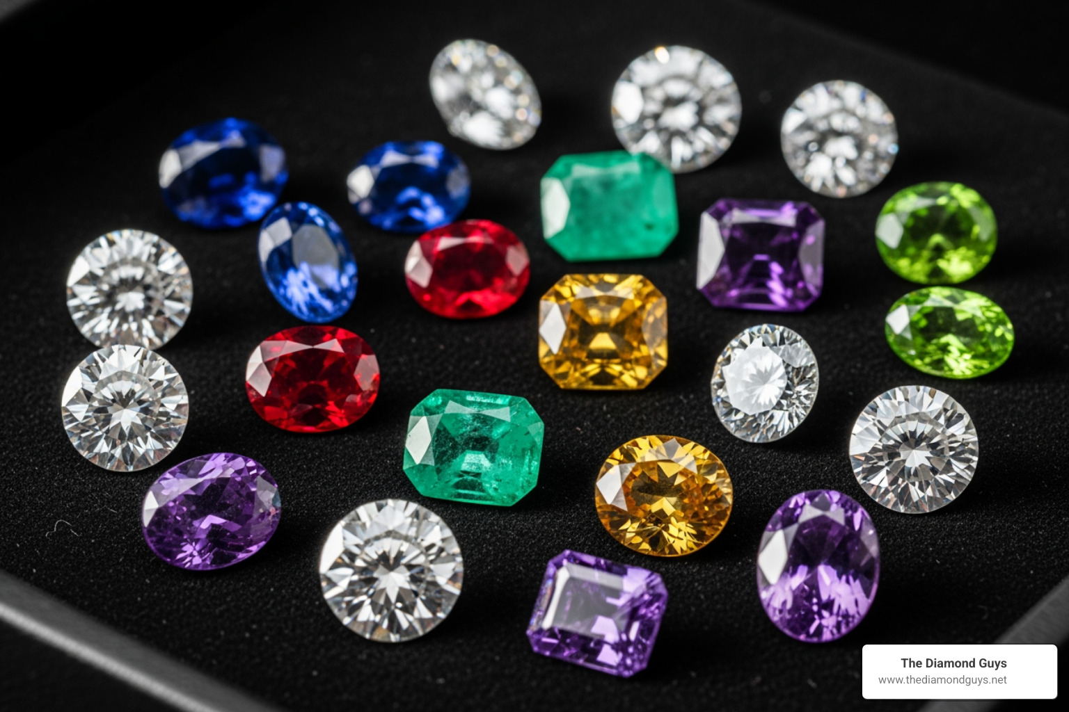 Tray showing various loose diamonds and colorful gemstones - Custom engagement rings AZ