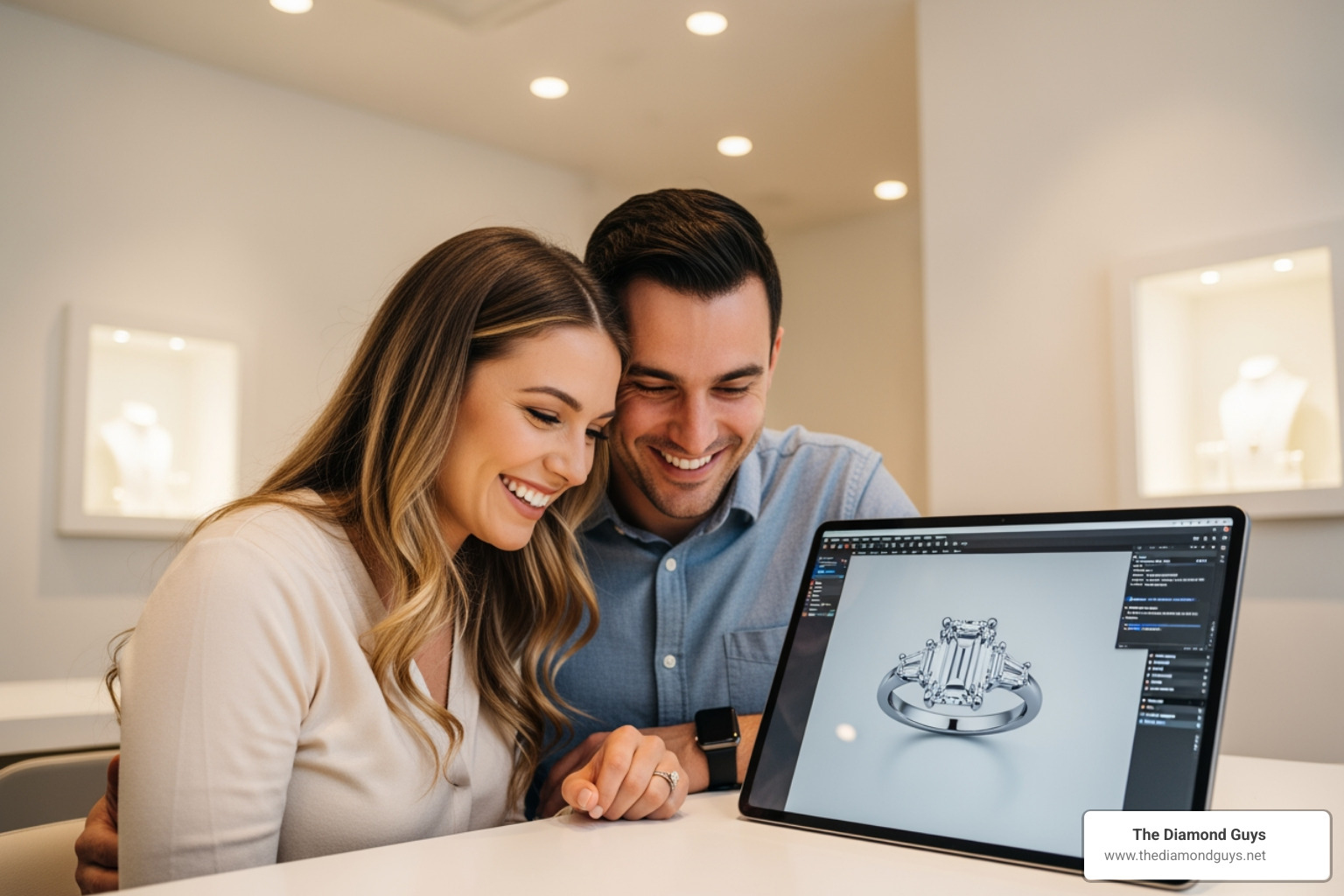 Couple happily looking at a custom ring design on a screen - Custom engagement rings AZ
