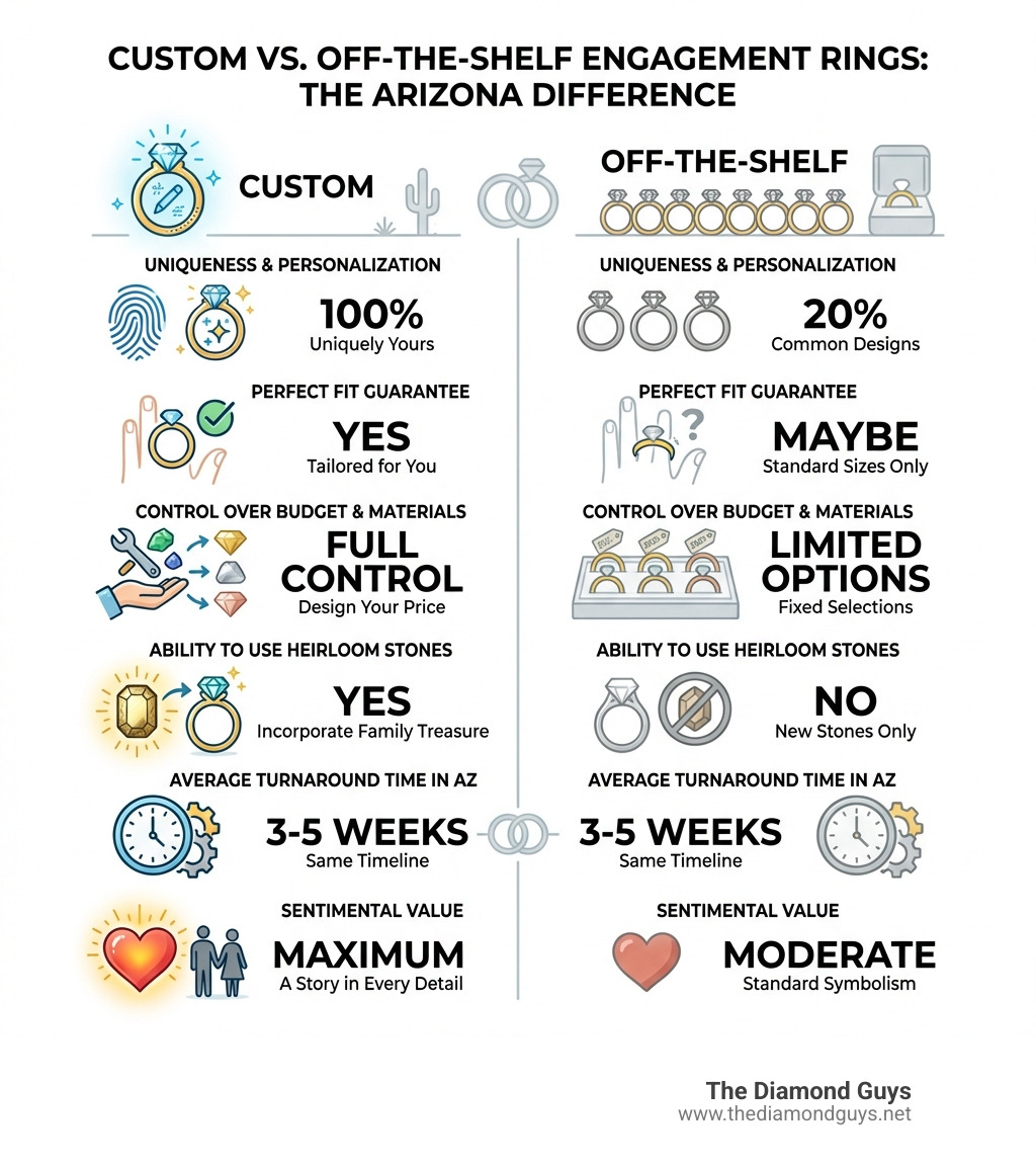 Infographic comparing custom vs off-the-shelf engagement rings showing benefits: uniqueness and personalization (100% vs 20%), perfect fit guarantee (yes vs maybe), control over budget and materials (full control vs limited options), ability to use heirloom stones (yes vs no), average turnaround time in AZ (3-5 weeks for both), and sentimental value (maximum vs moderate) - Custom engagement rings AZ infographic 
