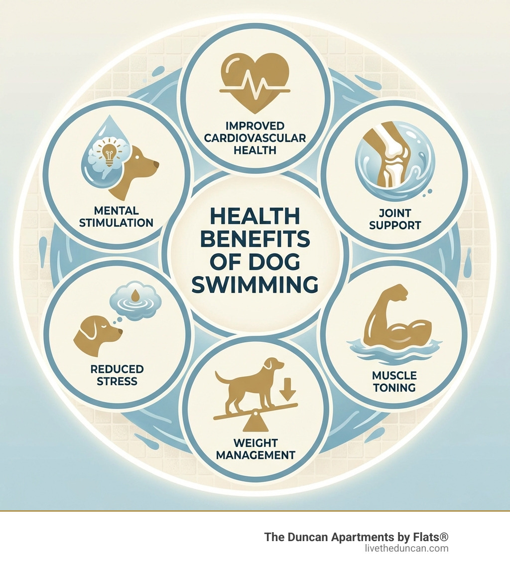 infographic showing health benefits of dog swimming including improved cardiovascular health, joint support, muscle toning, weight management, reduced stress, and mental stimulation with icons for each benefit - pet friendly indoor pool infographic 
