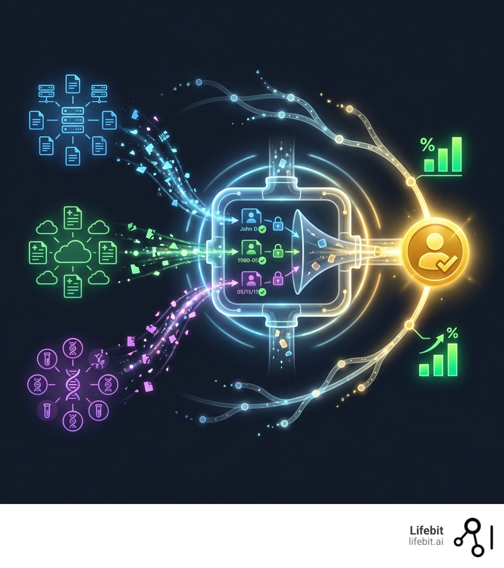 Infographic showing how entity resolution software transforms scattered patient records from multiple EHR systems, claims databases, and genomics platforms into a single unified golden record with complete data lineage, match confidence scores, and survivorship rules applied across all attributes - entity resolution software infographic 