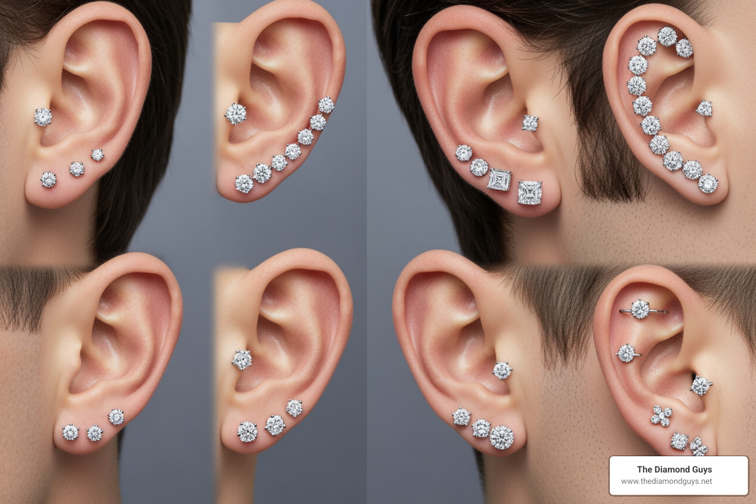 range of men's diamond stud earring styles on different ear models - diamond stud earrings for men
