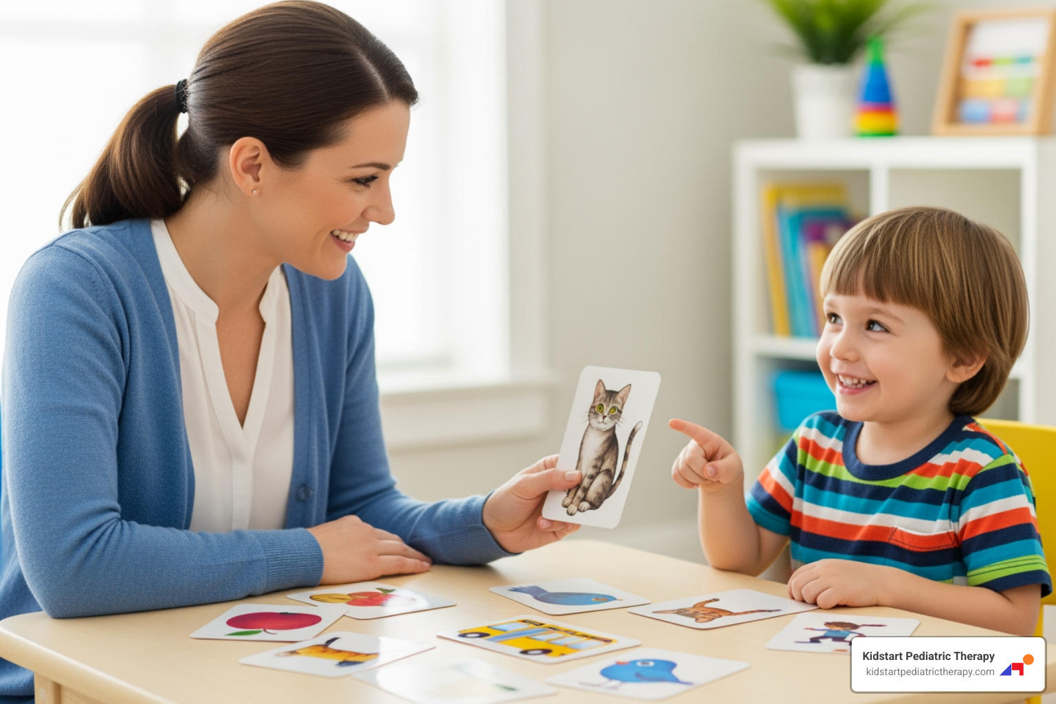 therapist using picture cards with a child - Childhood stuttering treatment therapist using picture cards with a child - Childhood stuttering treatment