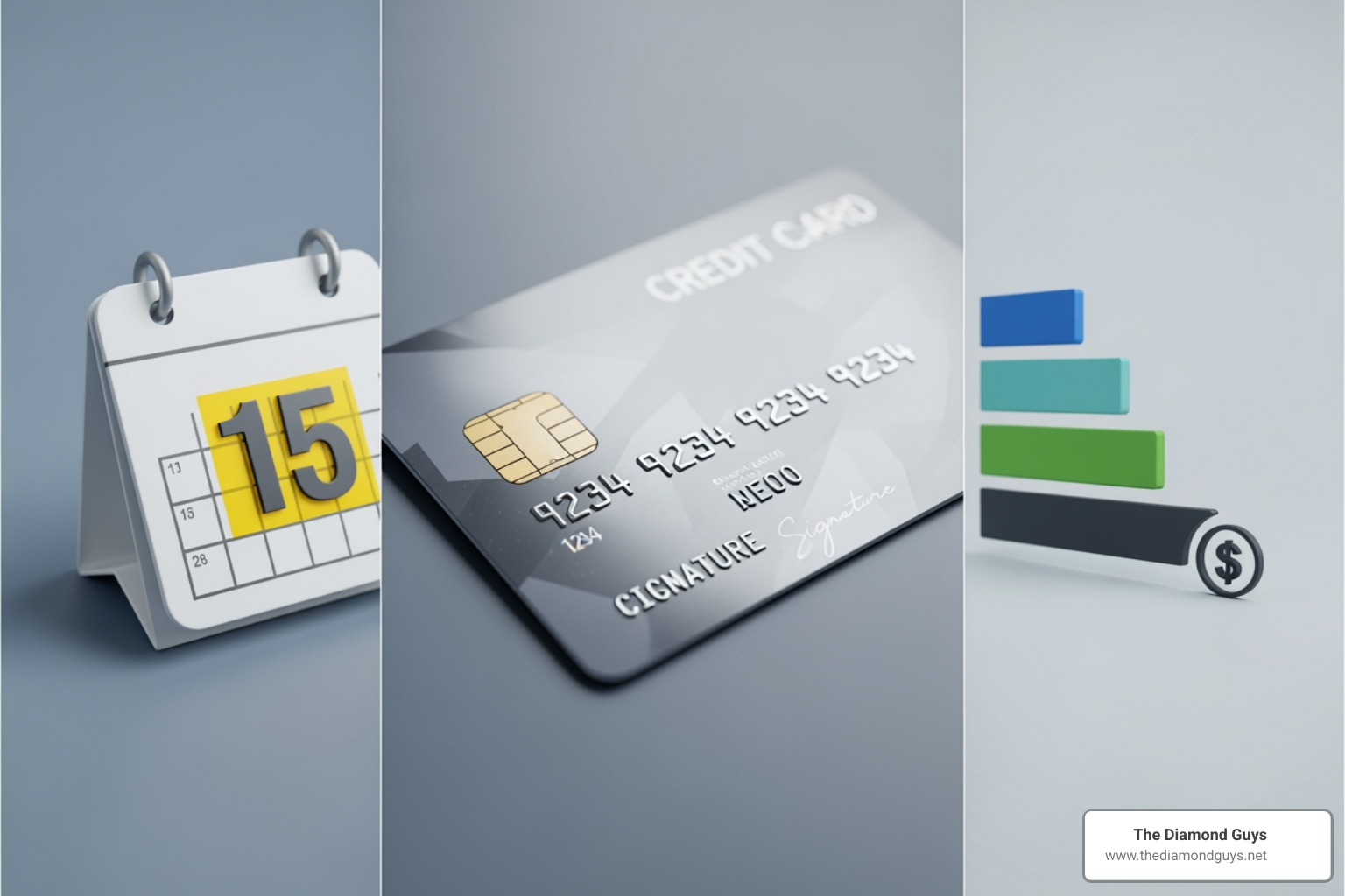 Collage of payment symbols including a credit card, a calendar for layaway, and a payment plan icon - wedding ring sets financing