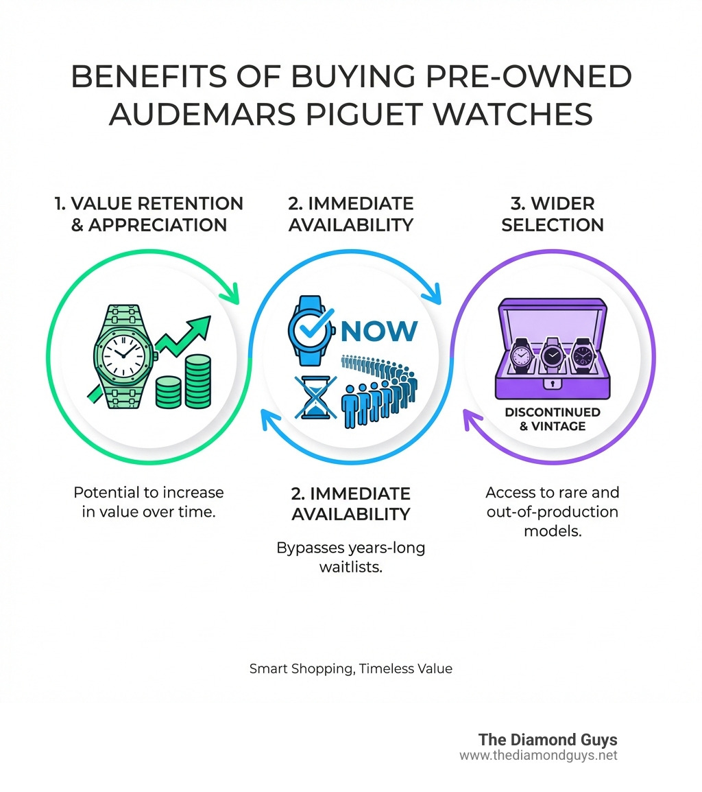 Infographic showing the three main benefits of buying pre-owned Audemars Piguet watches: Value Retention with appreciation potential over time, Immediate Availability bypassing years-long waitlists, and Wider Selection including discontinued models and vintage pieces unavailable new - audemars piguet used watches infographic 