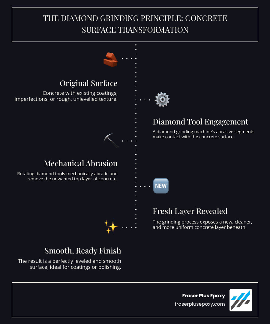 Infographic explaining the basic principle of diamond grinding removing the top surface layer of concrete to expose a fresh, smooth layer. - diamond grinding machine infographic infographic-line-5-steps-dark
