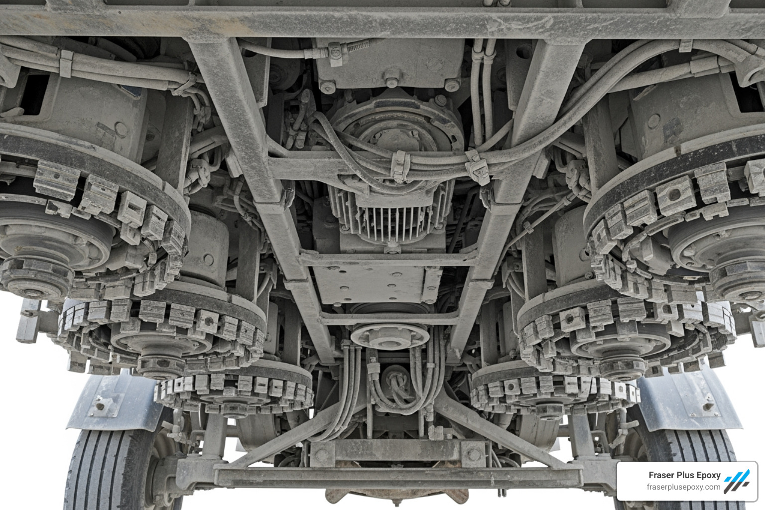 Underside of a planetary grinder showing the multiple grinding heads - diamond grinding machine