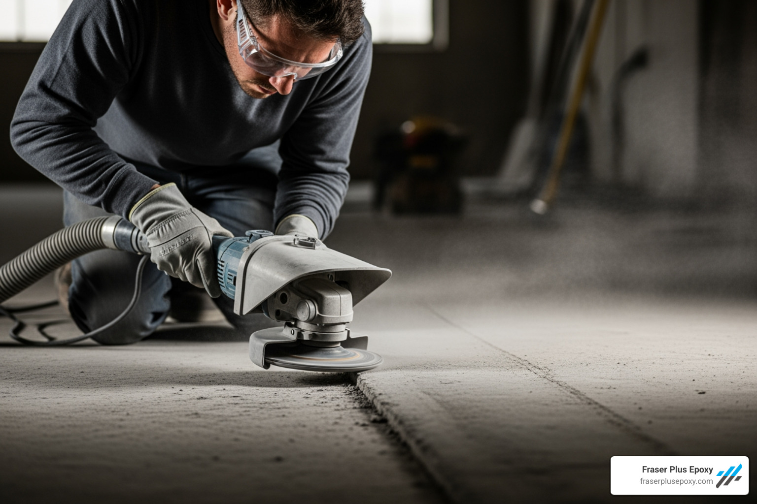 Hand-held grinder with a dust shroud being used on the edge of a floor - diamond grinding machine