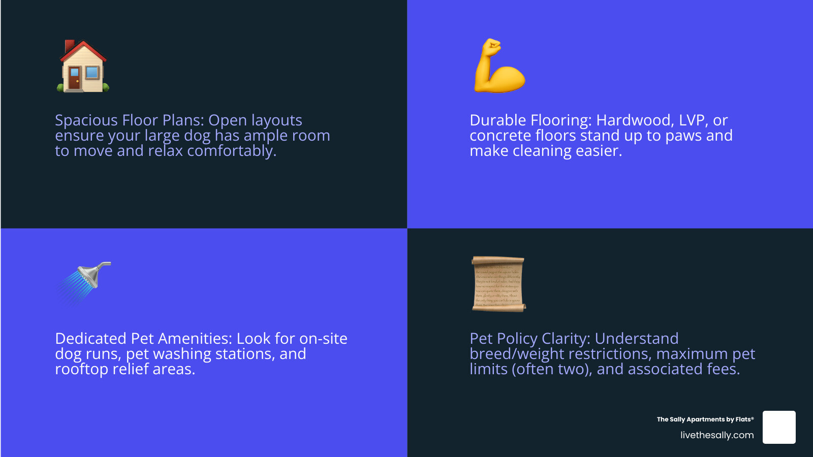 Infographic detailing essential features and policies for large dog friendly apartments in Chicago, including spacious layouts, durable flooring, pet amenities like dog runs and washing stations, nearby parks, and common pet restrictions such as a two-pet maximum and breed considerations. - large dog friendly apartments in chicago infographic 4_facts_emoji_blue Infographic detailing essential features and policies for large dog friendly apartments in Chicago, including spacious layouts, durable flooring, pet amenities like dog runs and washing stations, nearby parks, and common pet restrictions such as a two-pet maximum and breed considerations. - large dog friendly apartments in chicago infographic 4_facts_emoji_blue