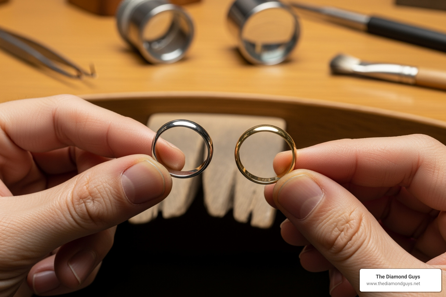 jeweler's hands comparing platinum and gold rings - Platinum ring repair