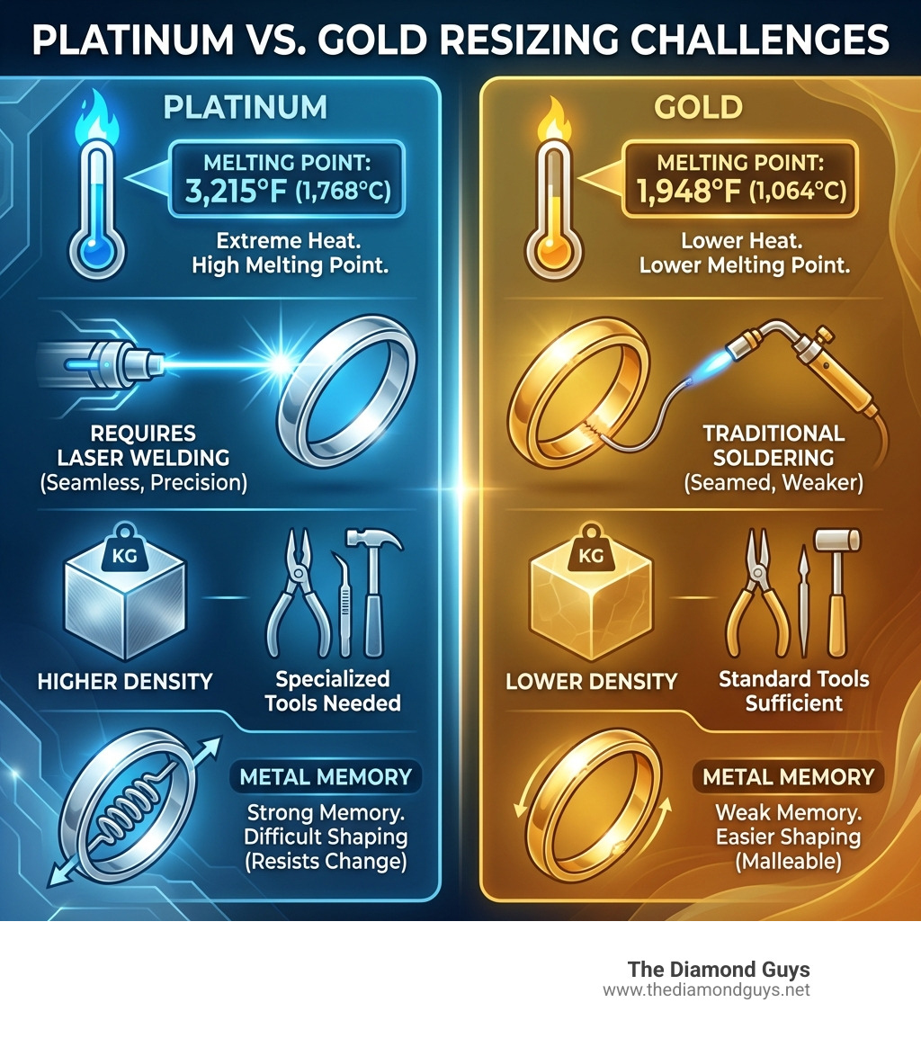 Infographic comparing platinum resizing challenges: melting point of 3,215°F vs gold's 1,948°F, requires laser welding vs traditional soldering, higher density requiring specialized tools, and metal memory making shaping more difficult - Platinum ring resizing infographic Infographic comparing platinum resizing challenges: melting point of 3,215°F vs gold's 1,948°F, requires laser welding vs traditional soldering, higher density requiring specialized tools, and metal memory making shaping more difficult - Platinum ring resizing infographic