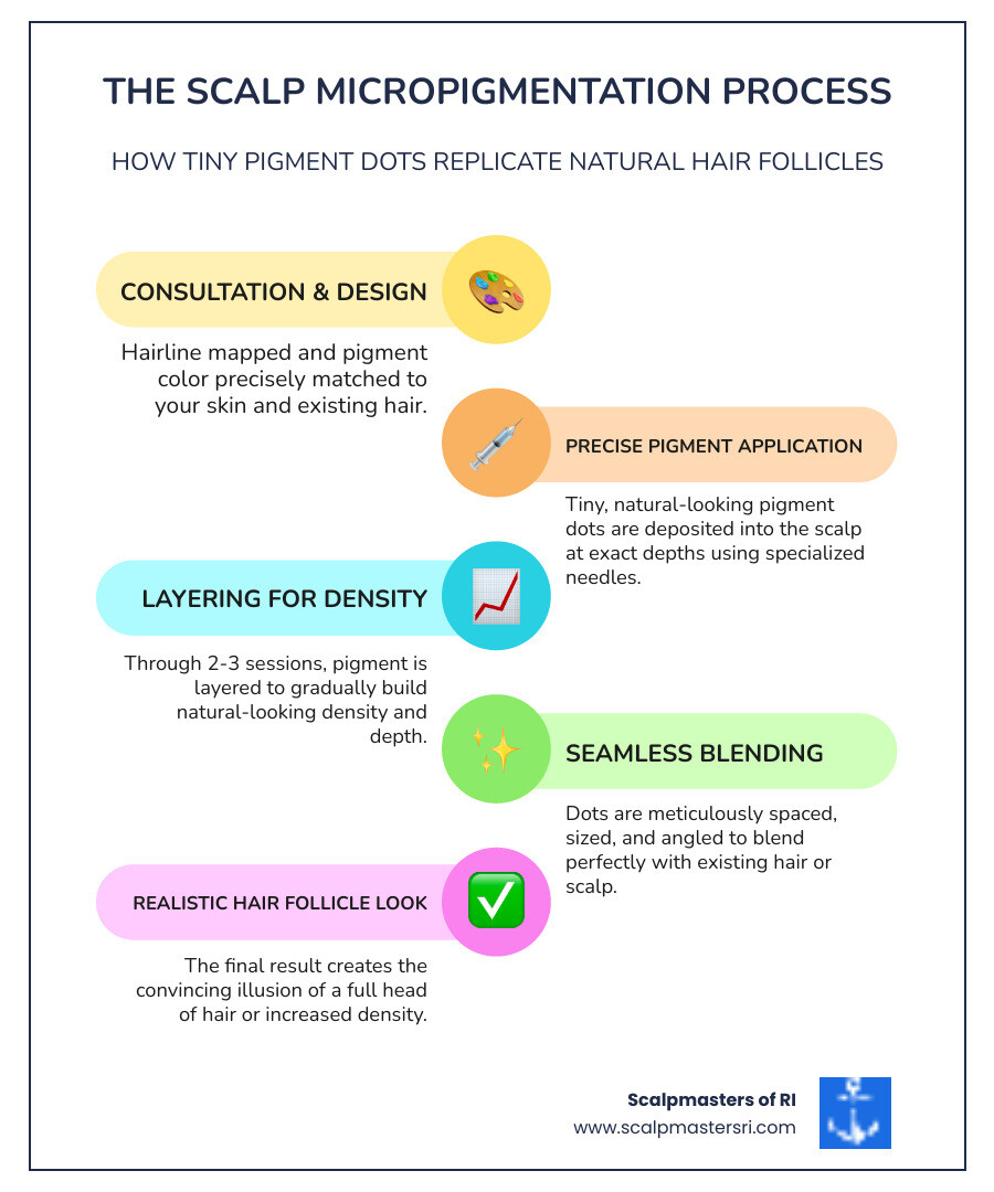 Infographic showing scalp micropigmentation process: Consultation and design phase where hairline is mapped and pigment color matched; Treatment phase showing tiny pigment dots being deposited into the scalp at precise depths using specialized needles; Layering phase demonstrating how 2-3 sessions build natural-looking density; Final result showing realistic hair follicle appearance with proper dot size, angle, and spacing that blends seamlessly with existing hair - scalp micropigmentation before and after infographic infographic-line-5-steps-colors