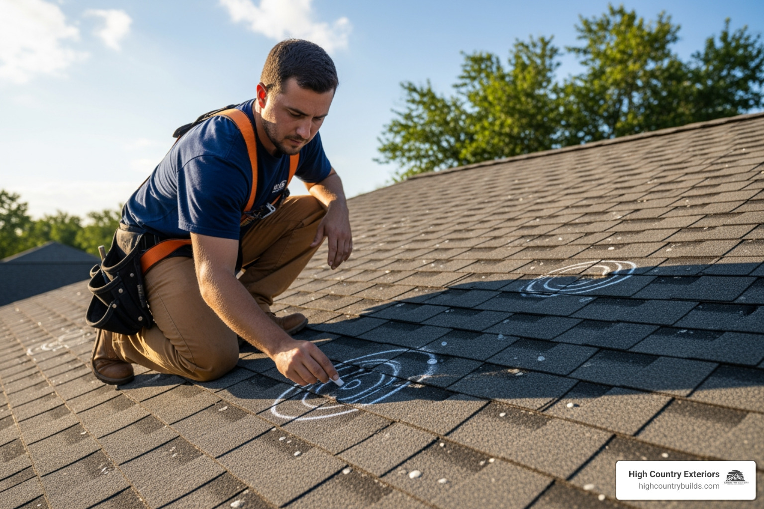 roofer safely chalking hail hits on a roof - hail damage inspection near me roofer safely chalking hail hits on a roof - hail damage inspection near me