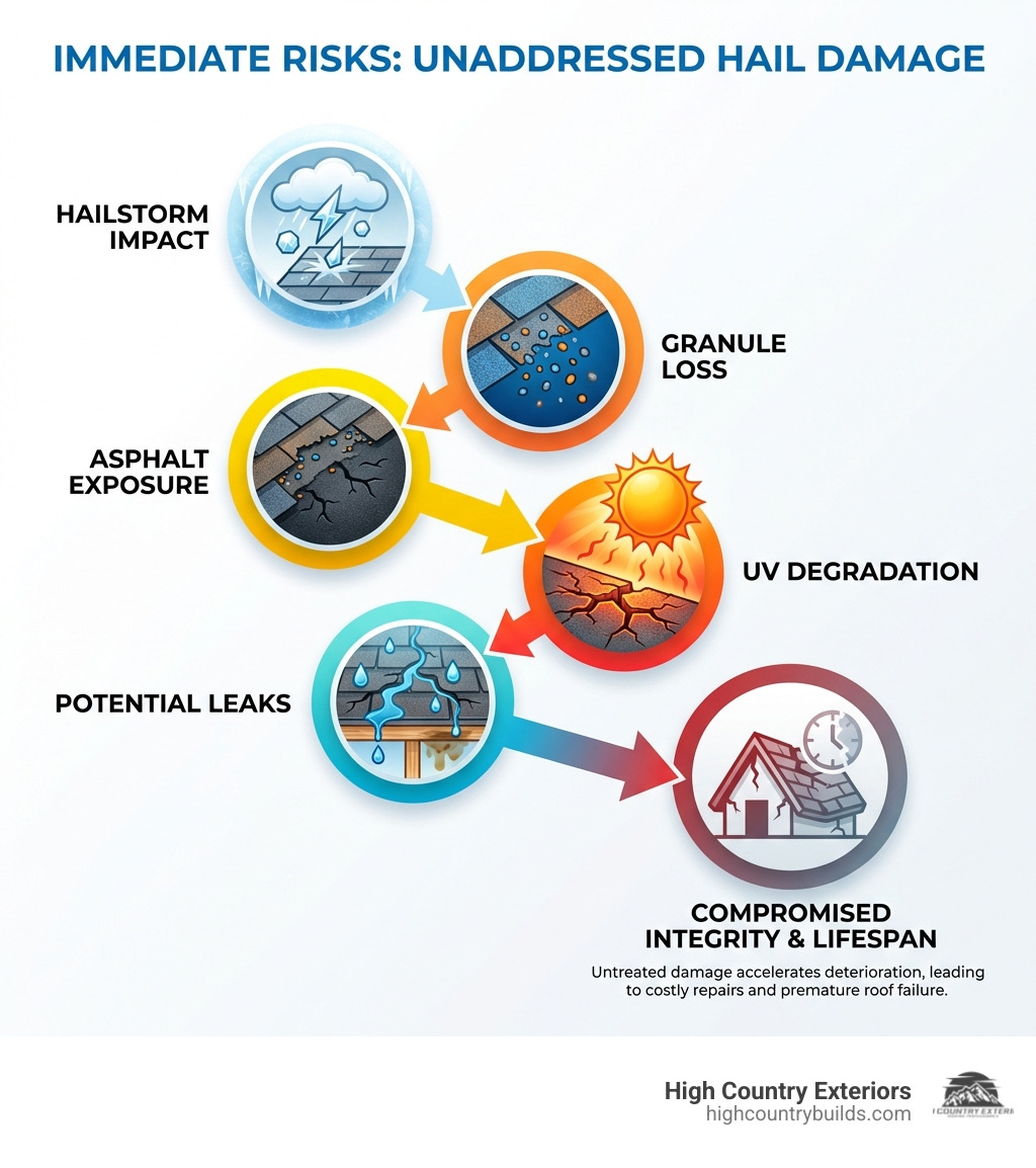 Infographic showing immediate risks of unaddressed hail damage including granule loss, asphalt exposure, UV degradation, and potential leaks that compromise roof integrity and lifespan. - hail damage inspection near me infographic Infographic showing immediate risks of unaddressed hail damage including granule loss, asphalt exposure, UV degradation, and potential leaks that compromise roof integrity and lifespan. - hail damage inspection near me infographic